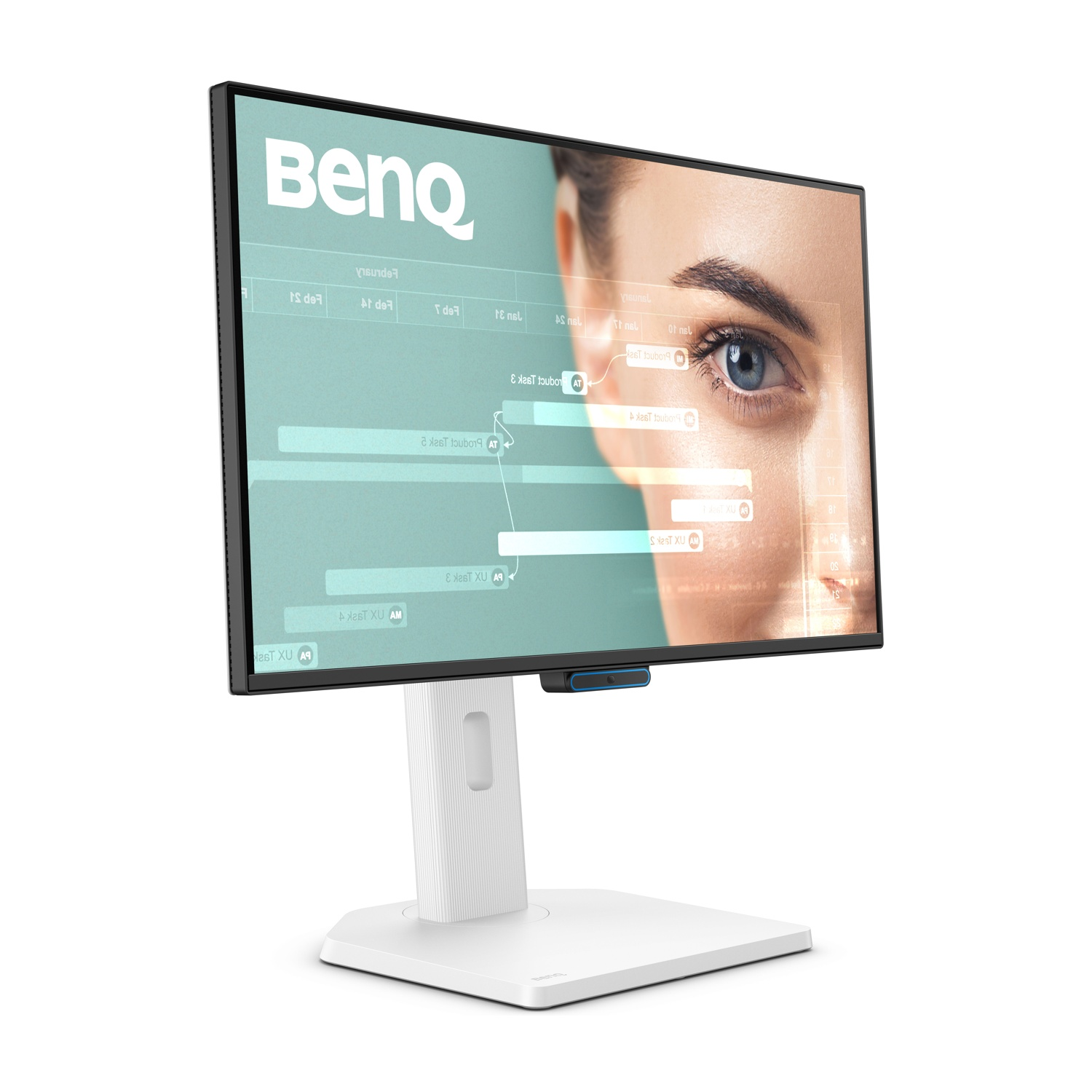Un monitor BenQ mostra un primo piano dell'occhio di una donna con sovrapposizioni di interfaccia.
