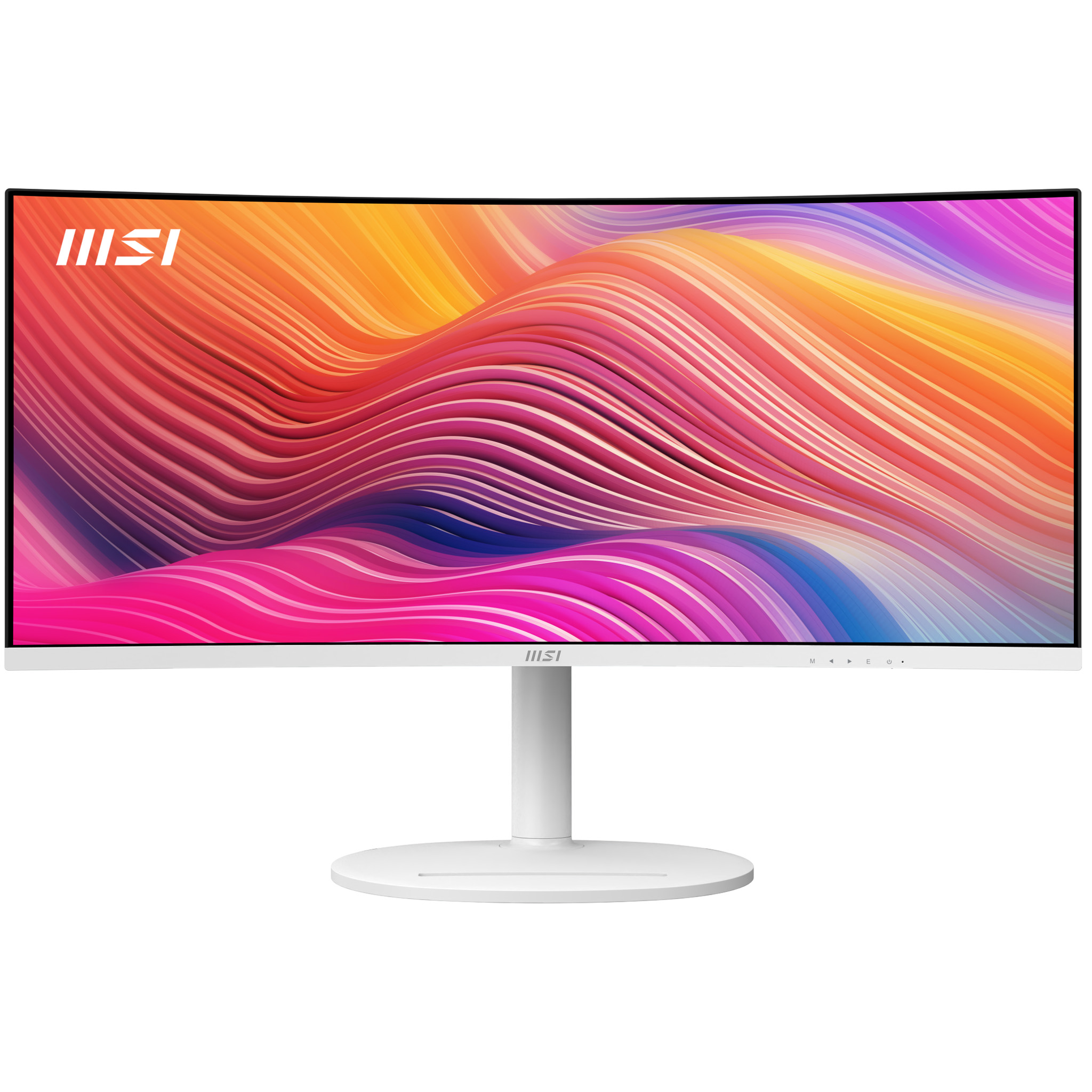 Weißer MSI-Curved-Monitor zeigt abstrakte Wellen in Orange, Pink und Lila.