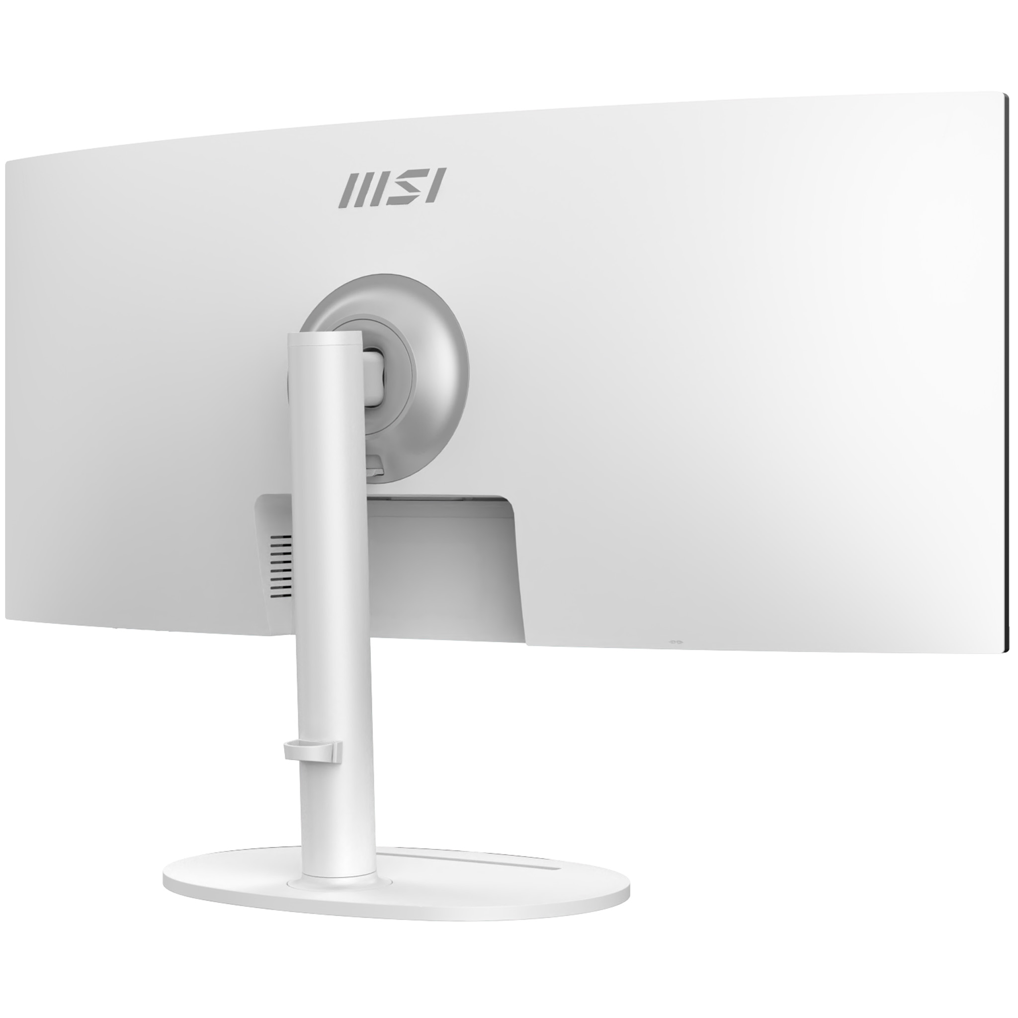Rückseite eines weißen MSI-Monitors mit silbernem Ständer und Lüftungsschlitzen.