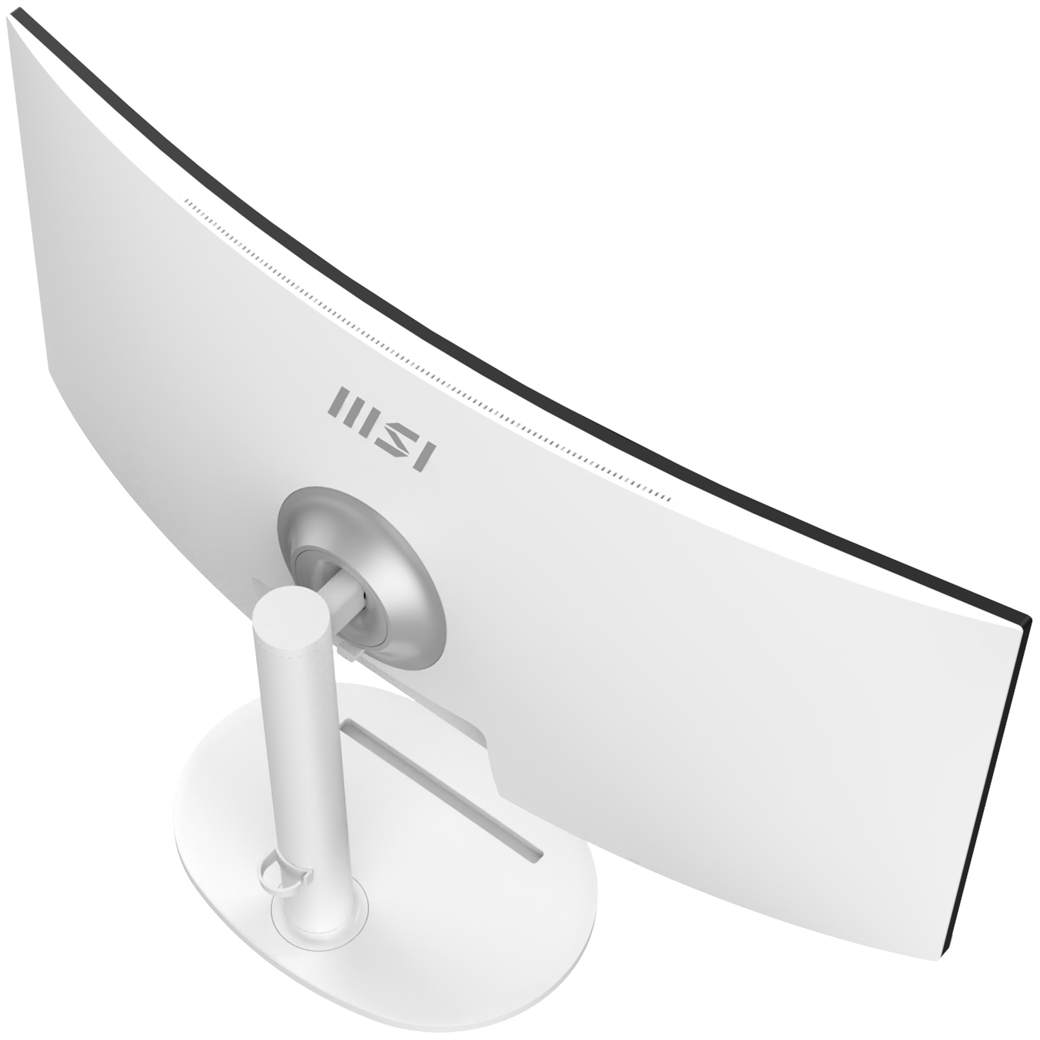 Rückseite eines weißen, gebogenen MSI-Monitors mit silbernem Standfuß.