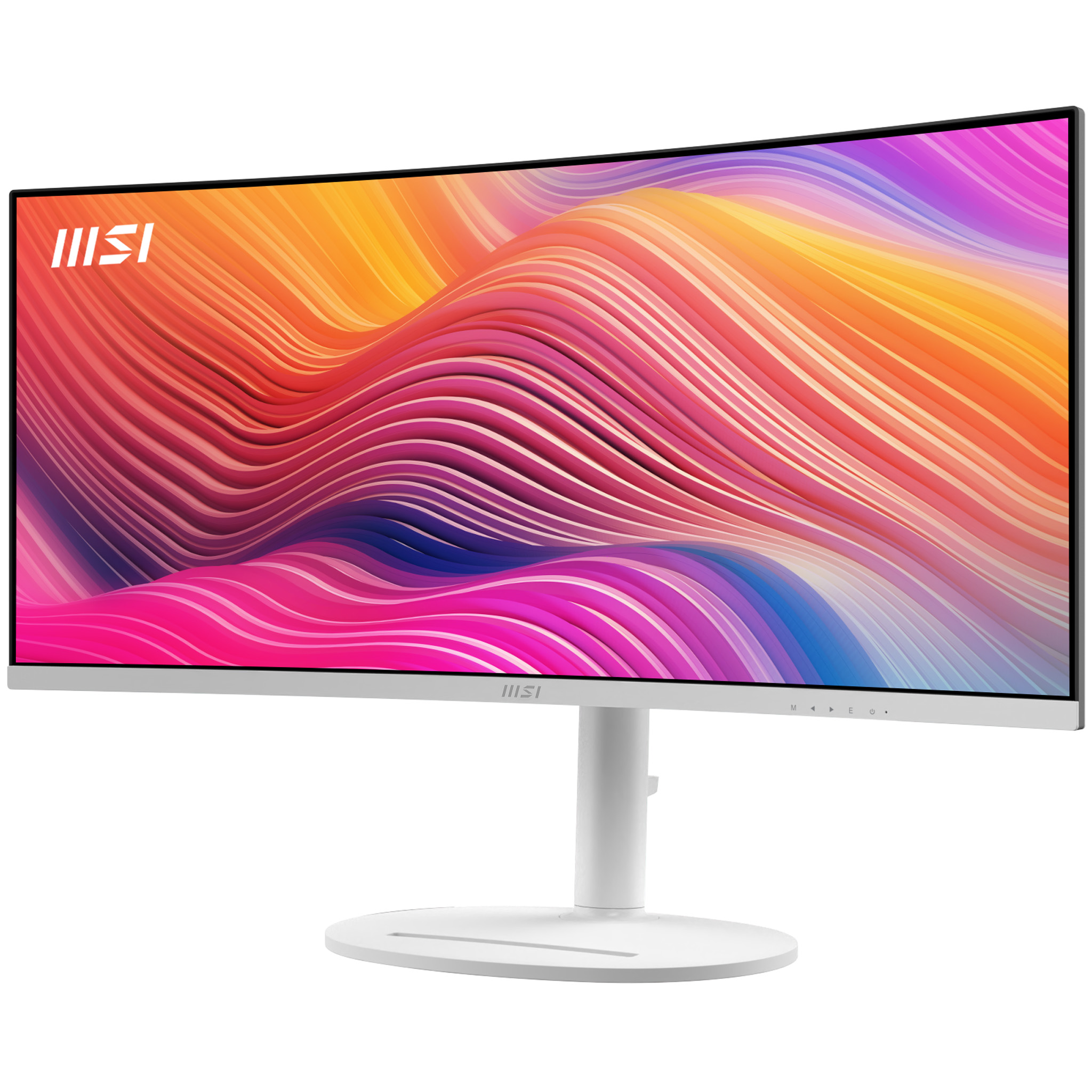 Ein gekrümmter MSI-Monitor mit einem bunten Wellenmuster-Hintergrundbild.