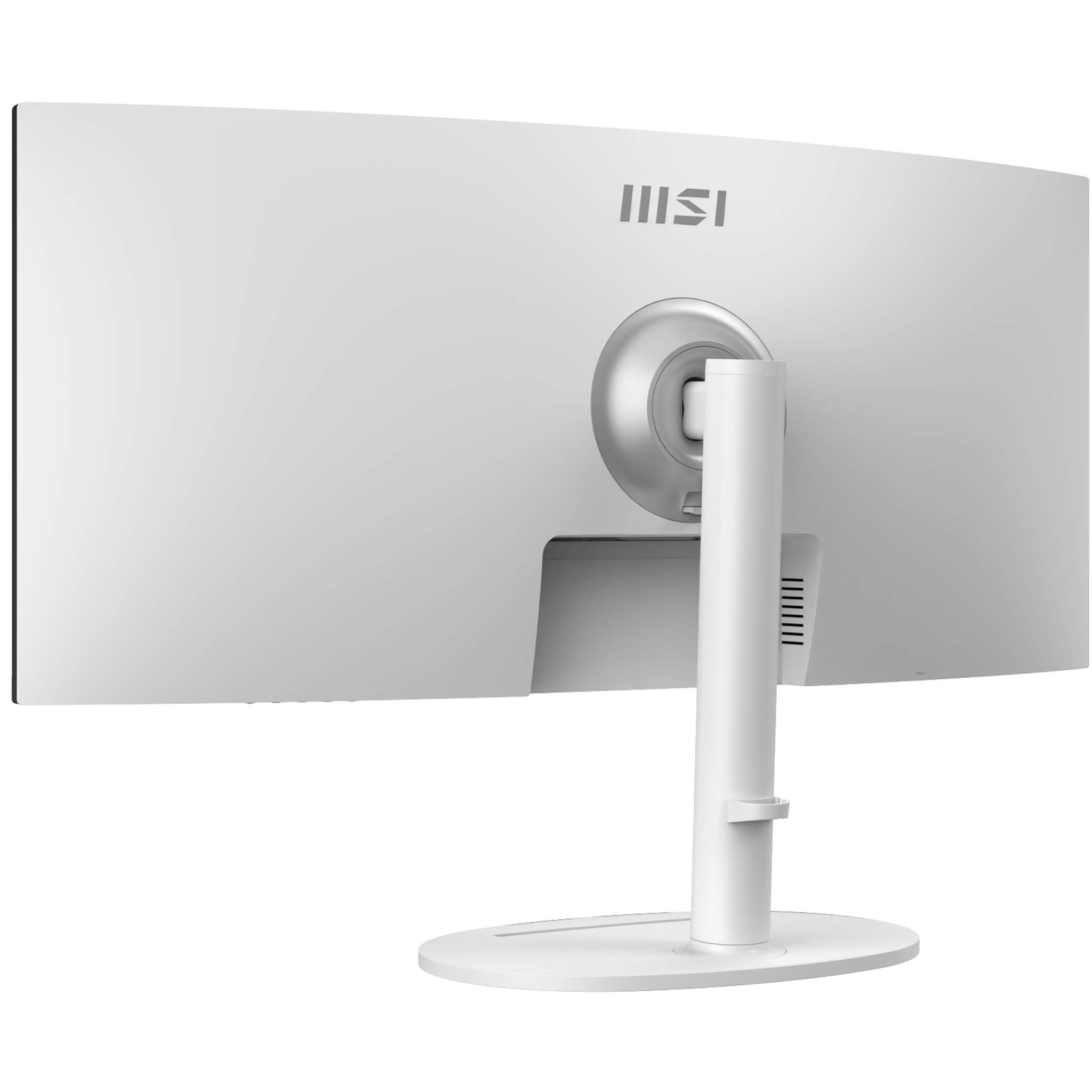 Rückseite eines weißen, gebogenen MSI-Monitors auf einem runden Ständer.