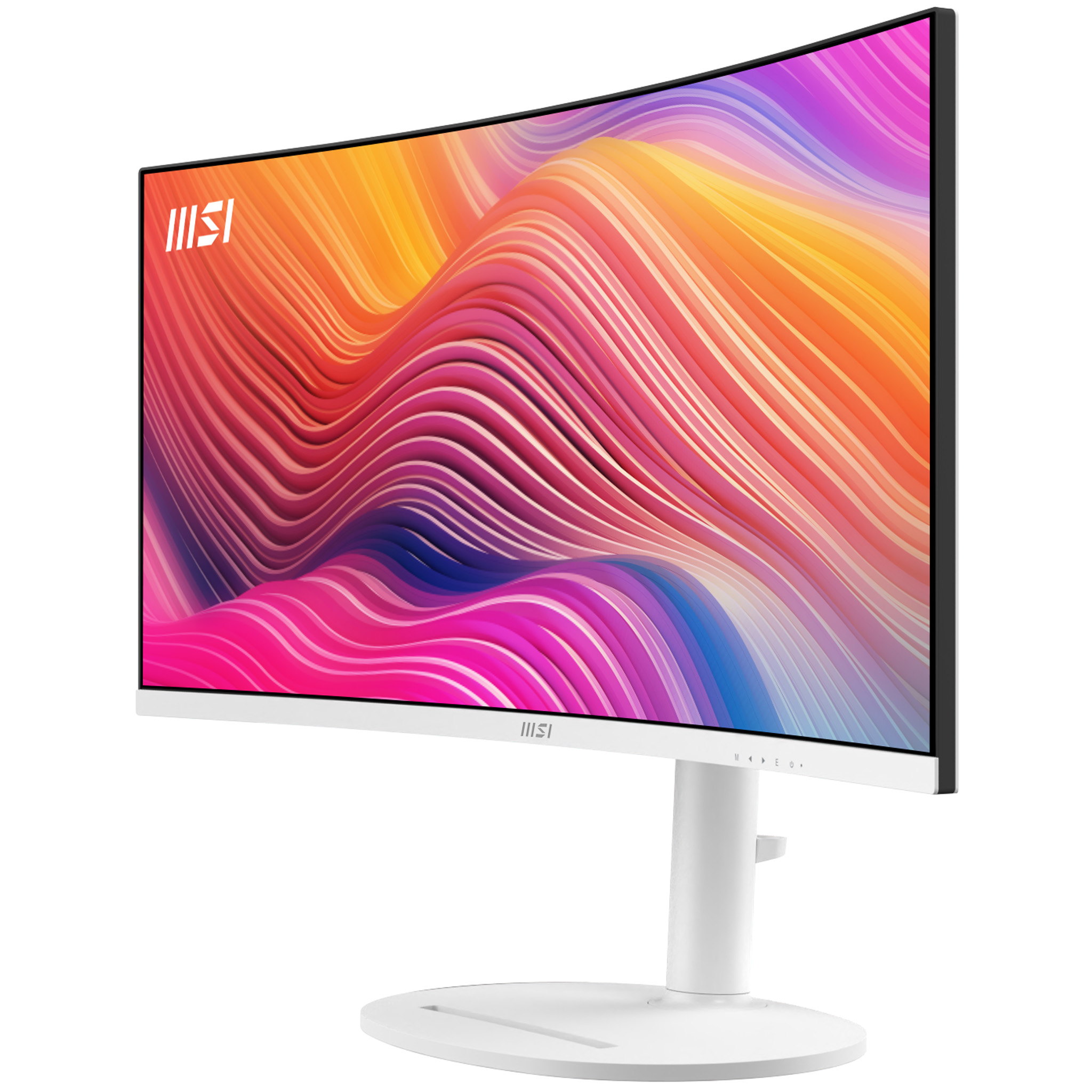 Ein weißer, gebogener MSI-Monitor mit einem bunten, abstrakten Hintergrundbild.