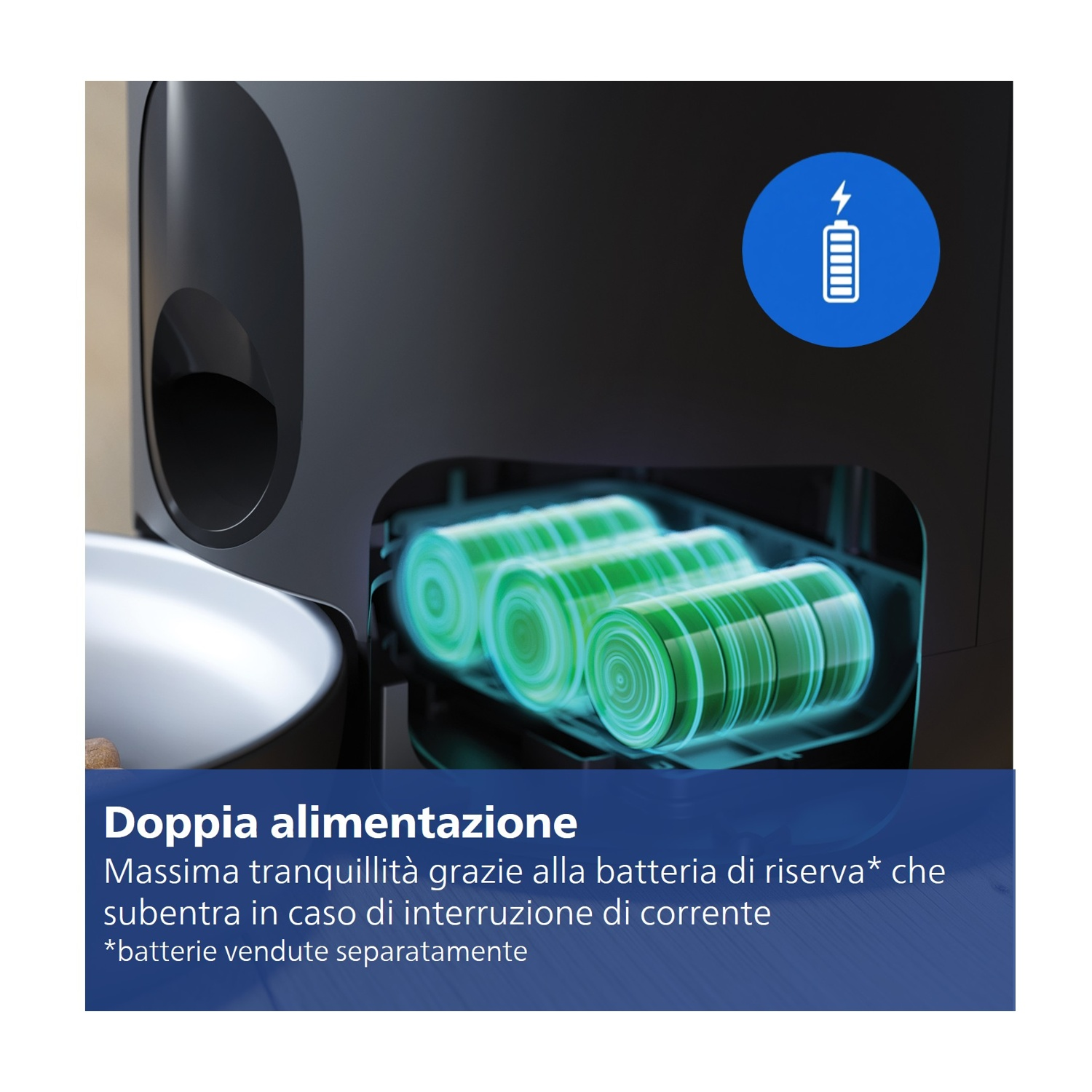 Un dispositivo nero con tre batterie verdi luminose e un'icona della batteria.