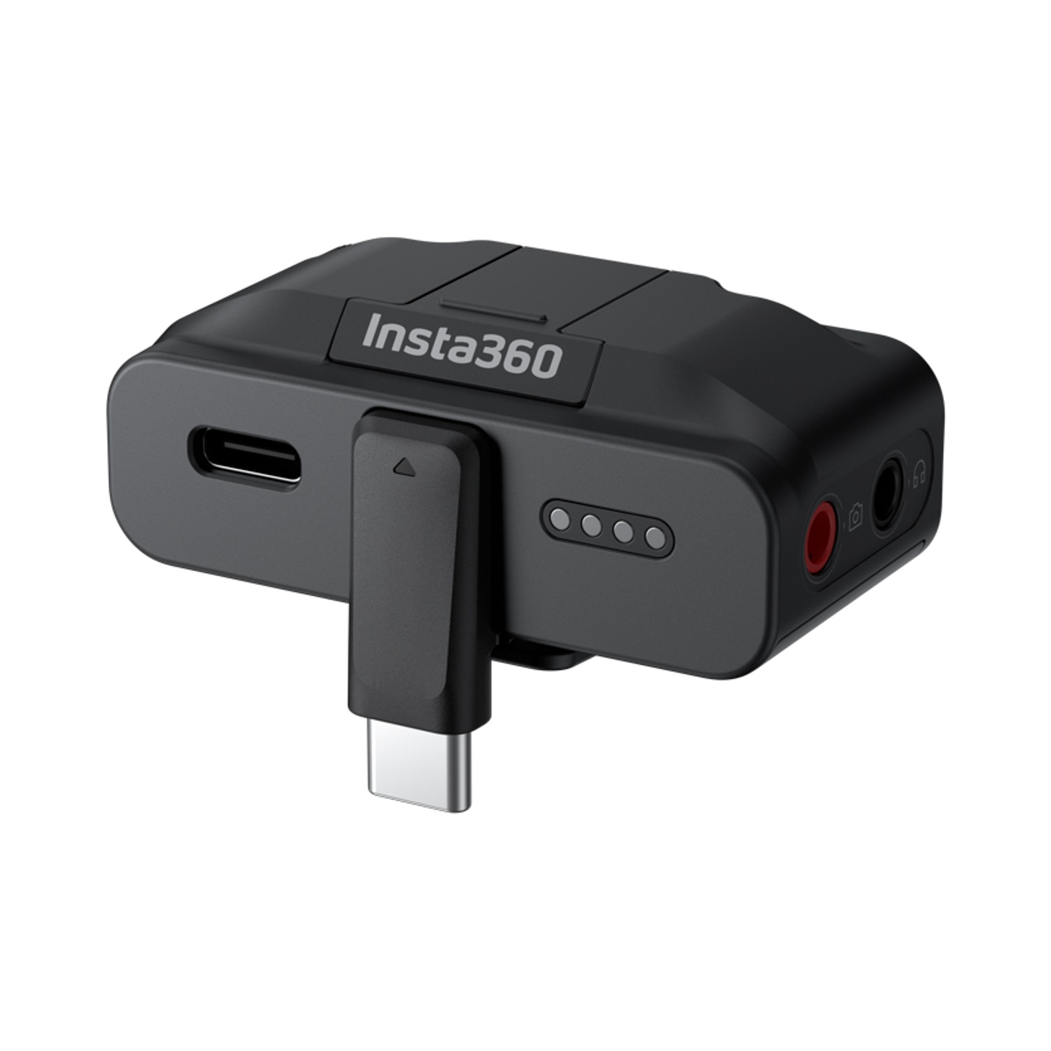 Dispositivo Insta360 nero con porta USB-C e jack per cuffie/microfono.