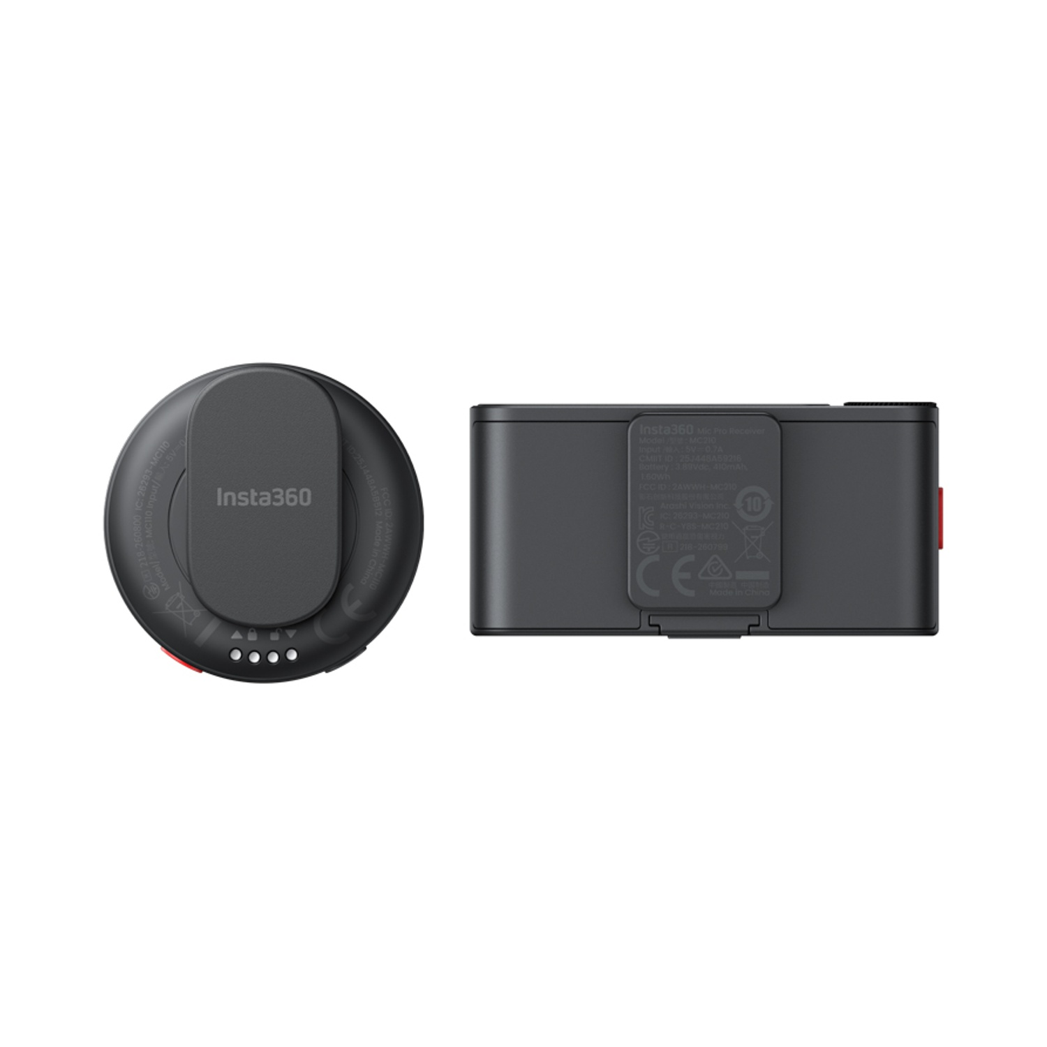 Due dispositivi Insta360 neri su sfondo bianco. Uno circolare e uno rettangolare.