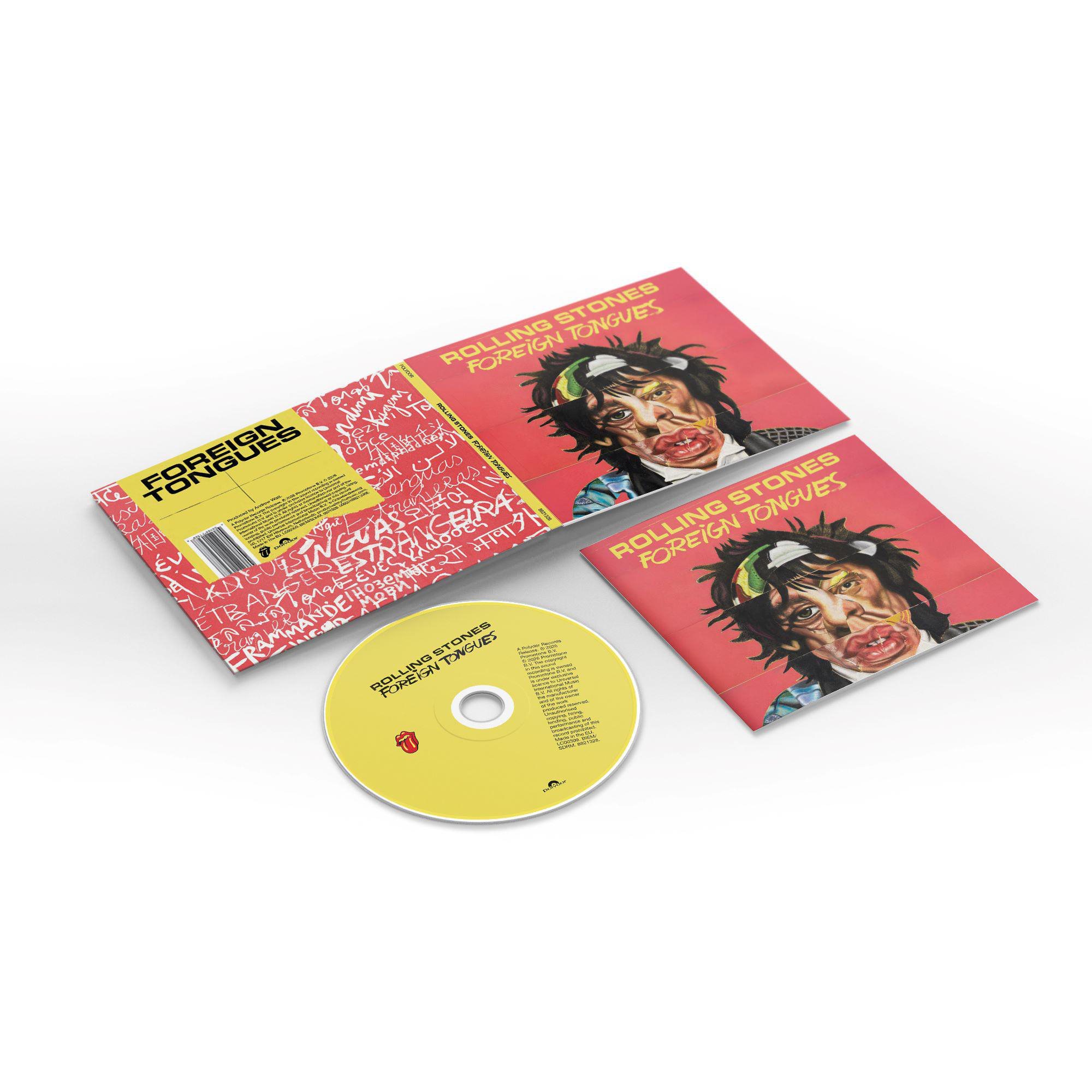 Rolling Stones 'Foreign Tongues' CD und Cover mit Comic-Porträt.