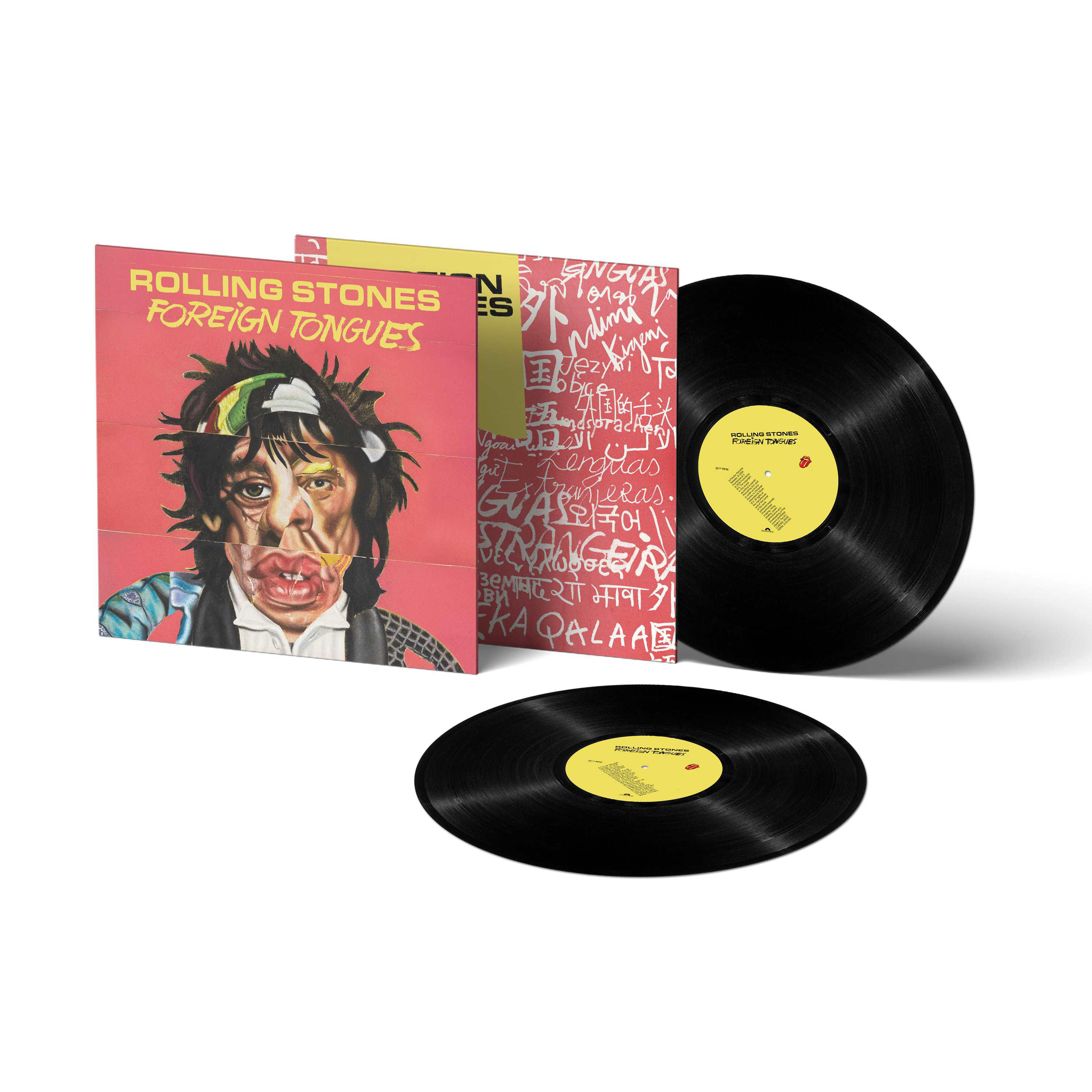 Rolling Stones 'Foreign Tongues'-Albumcover mit Platten und Schriftzug in verschiedenen Sprachen.