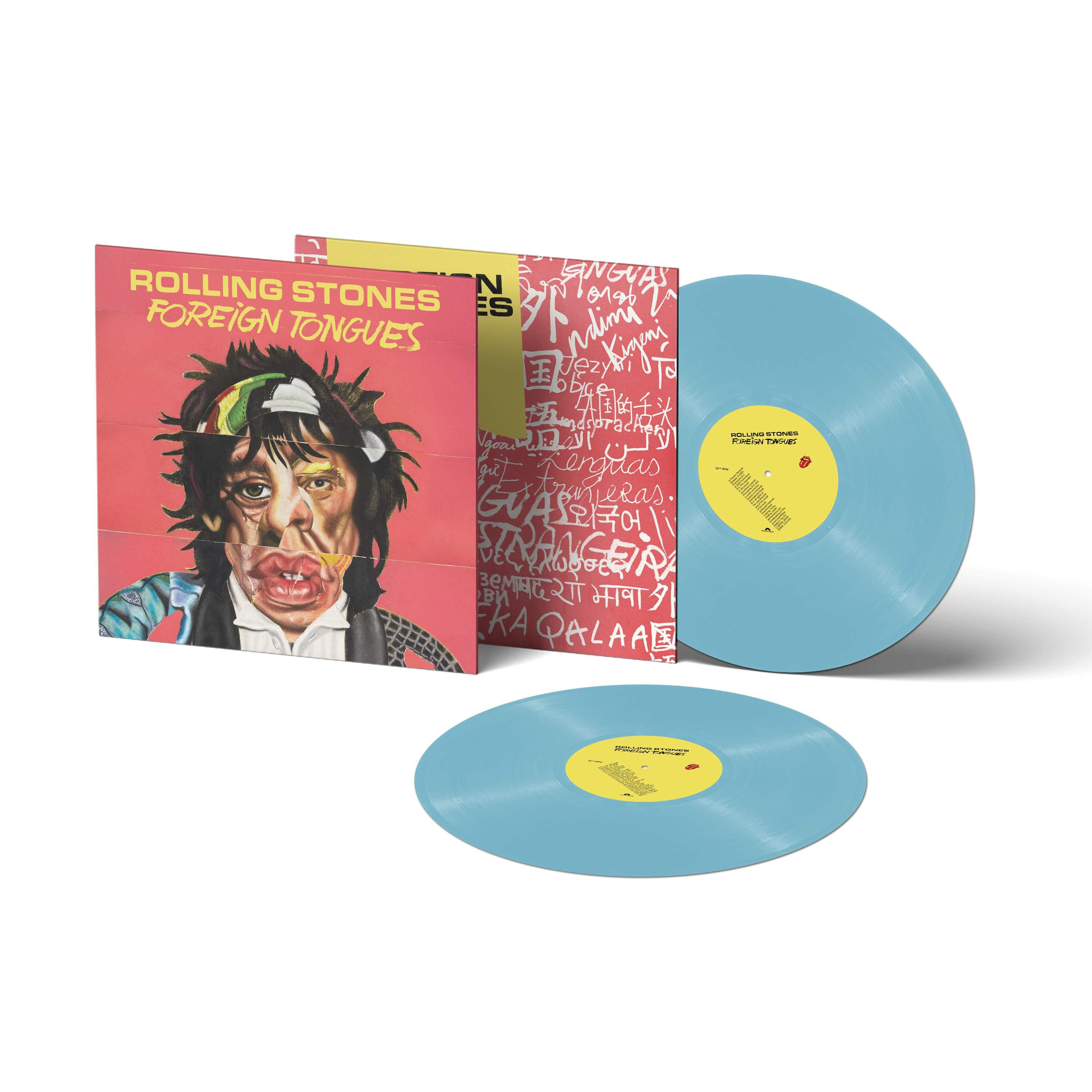 Rolling Stones 'Foreign Tongues' Vinyl mit Albumcover und zwei hellblauen Schallplatten.