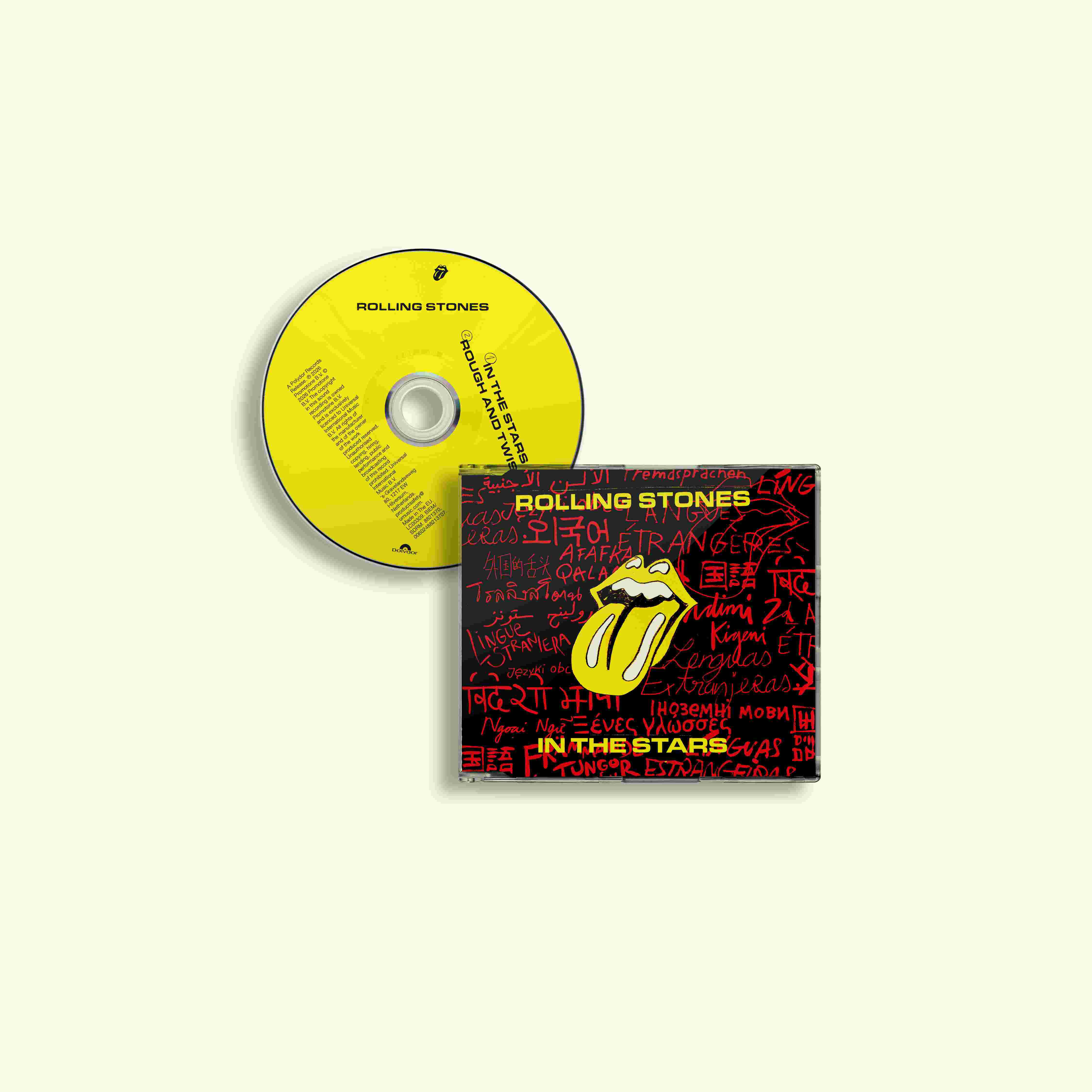 Rolling Stones CD und Cover mit mehrsprachigem Text und Zunge-Logo.