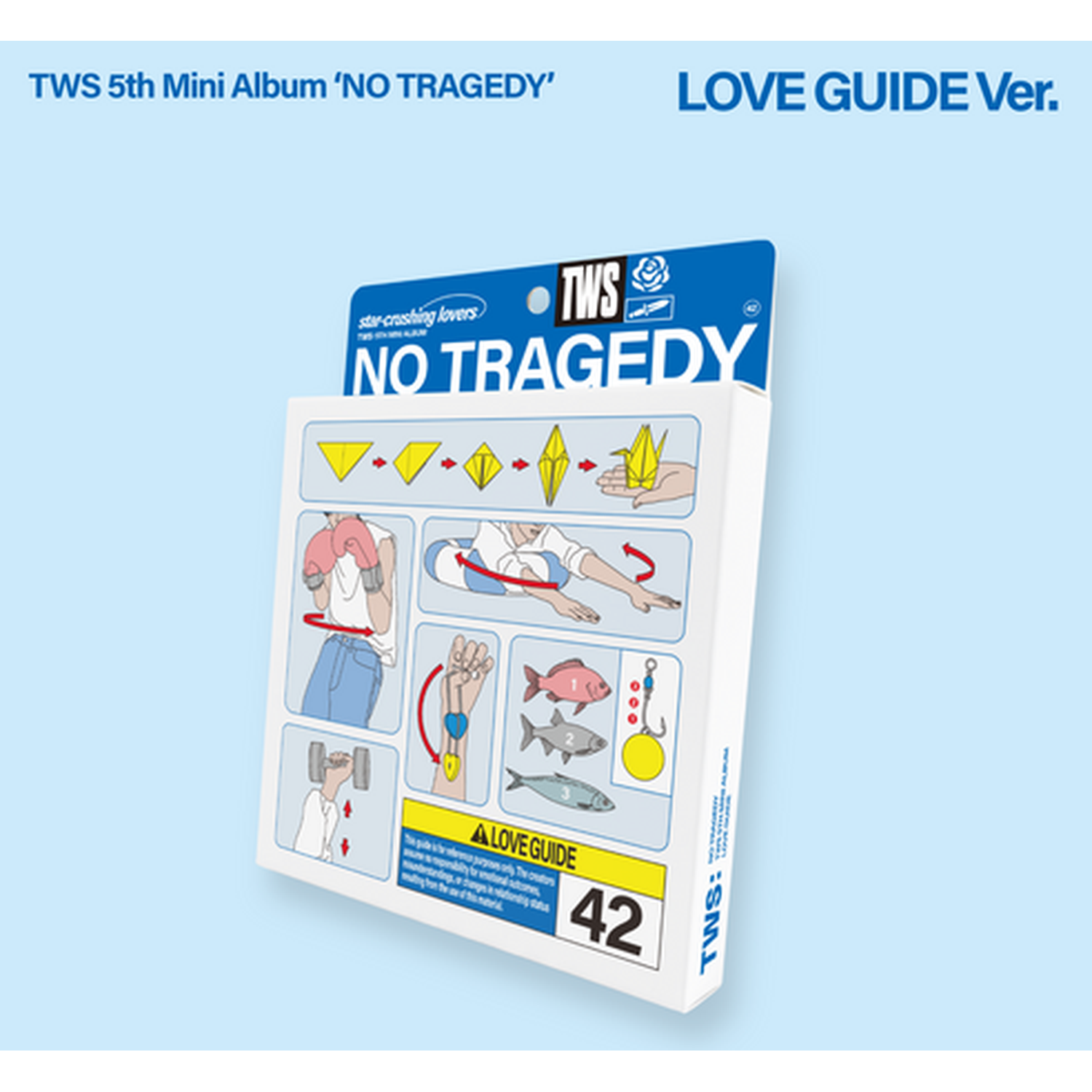 TWS 5e Mini Album 'NO TRAGEDY' LOVE GUIDE Ver. toont instructies.