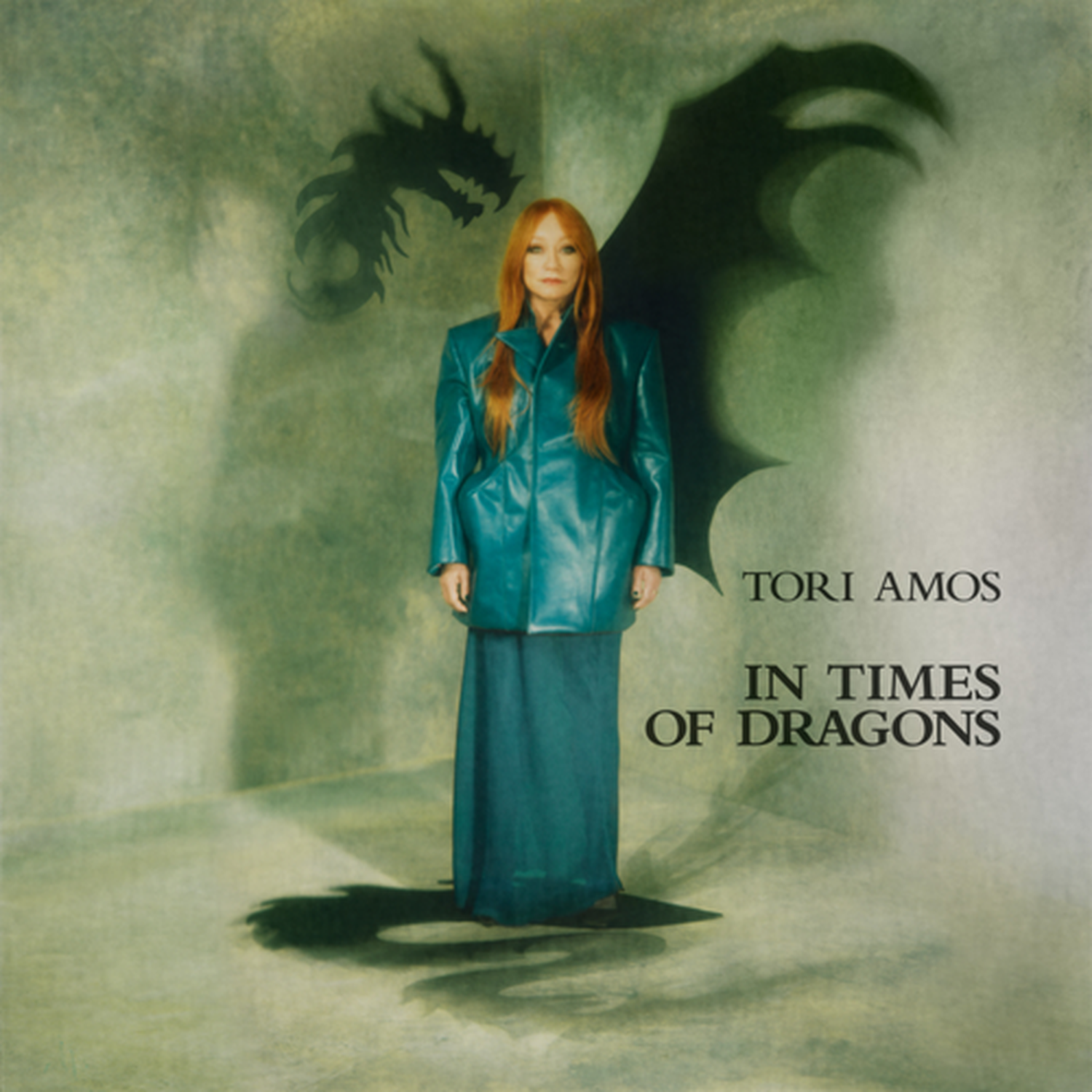 Tori Amos staat in een teal outfit met een draken-schaduw achter haar. Albumtitel: In Times of Dragons.