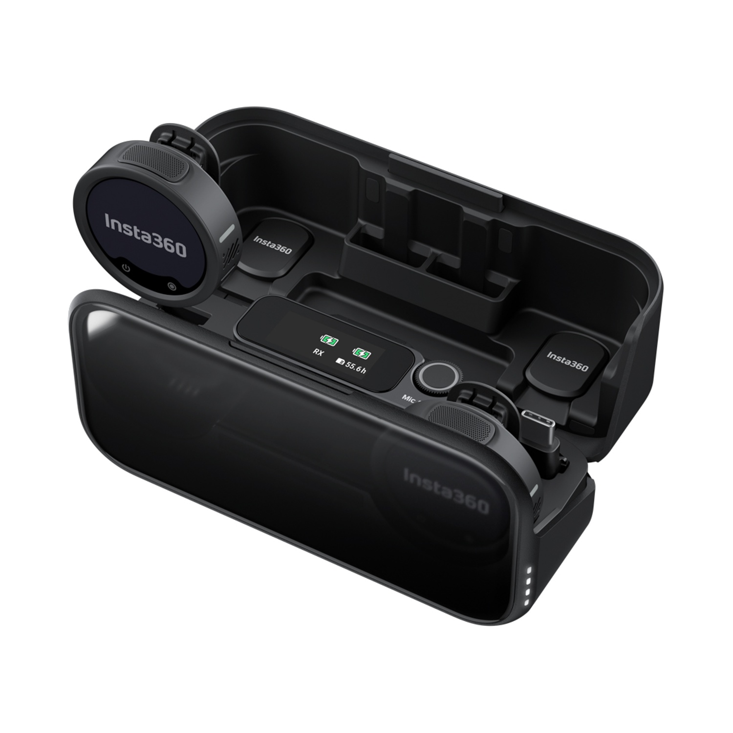 Kit ricetrasmettitore Insta360 nero in custodia di ricarica con unità TX e RX.