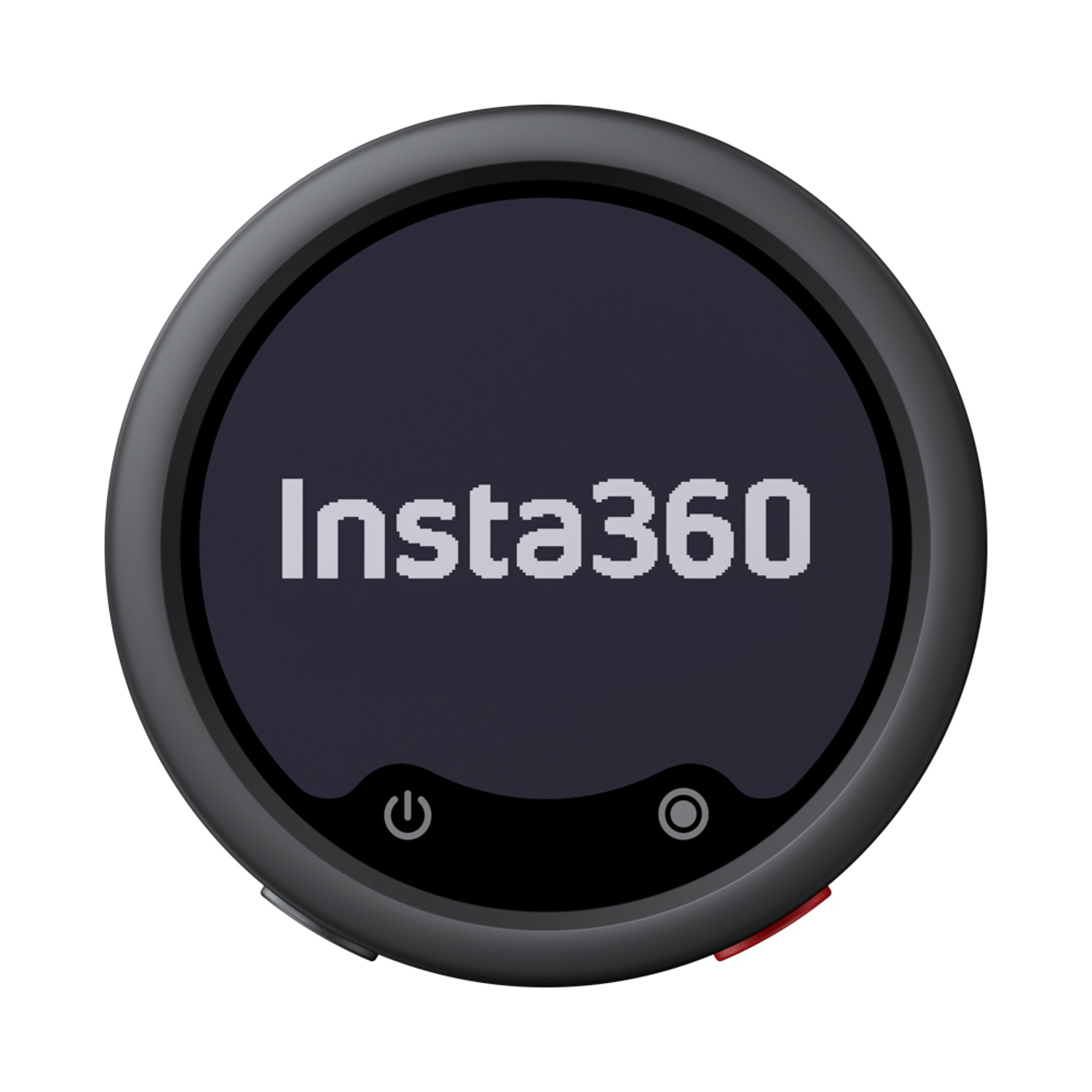 Fotocamera Insta360 nera rotonda con schermo scuro e icone di accensione.