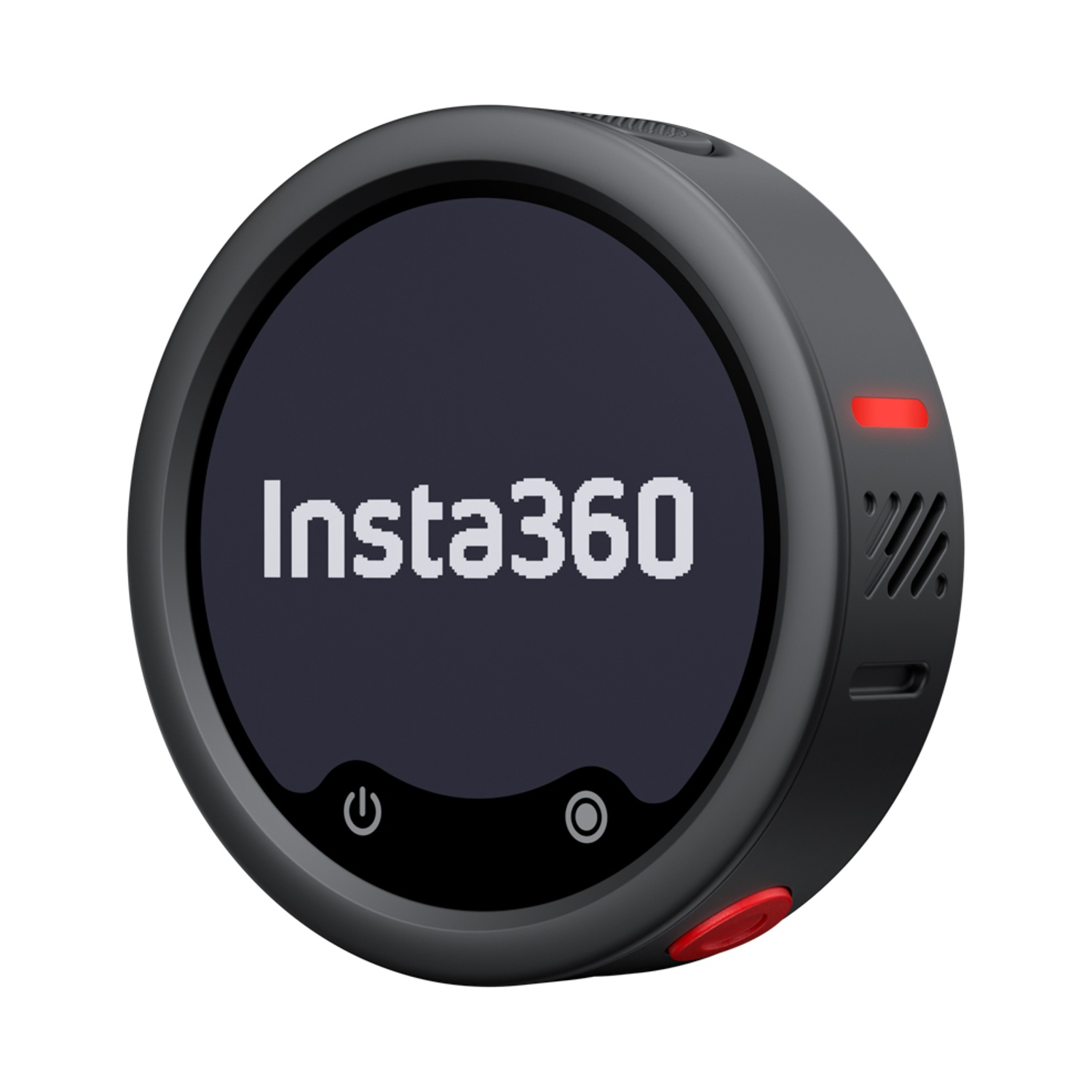Un dispositivo nero Insta360 con schermo scuro che mostra Insta360.