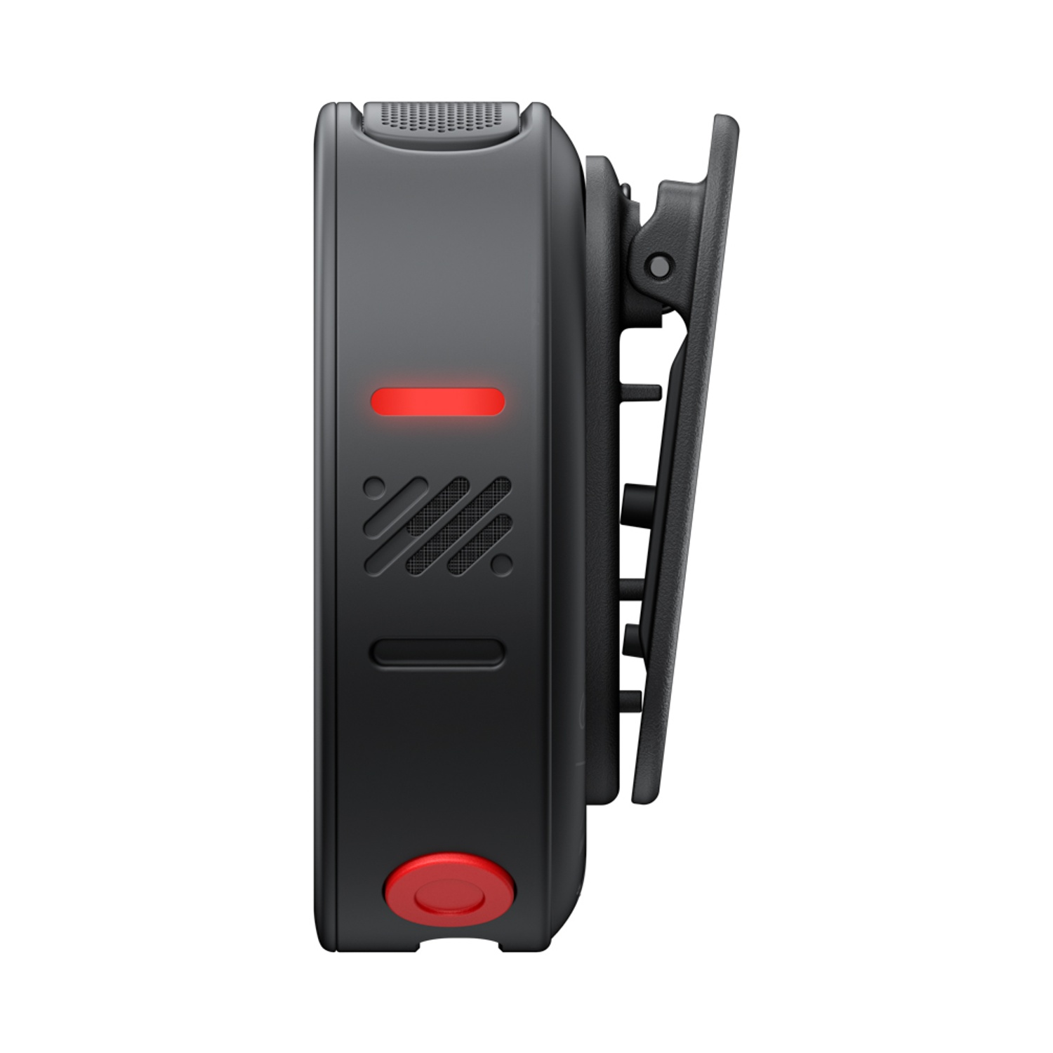 Dispositivo nero con pulsante rosso e clip. Prese d'aria e spia LED rossa.