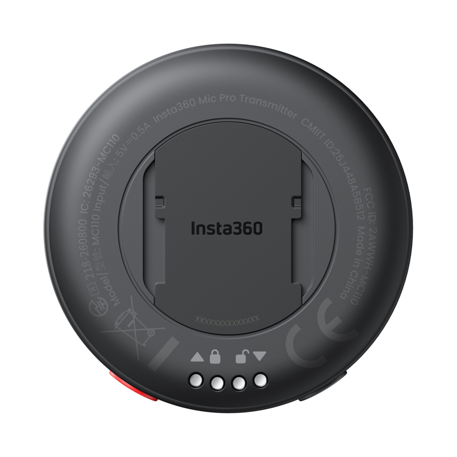 Retro del trasmettitore microfono Insta360 nero con testo e simboli.