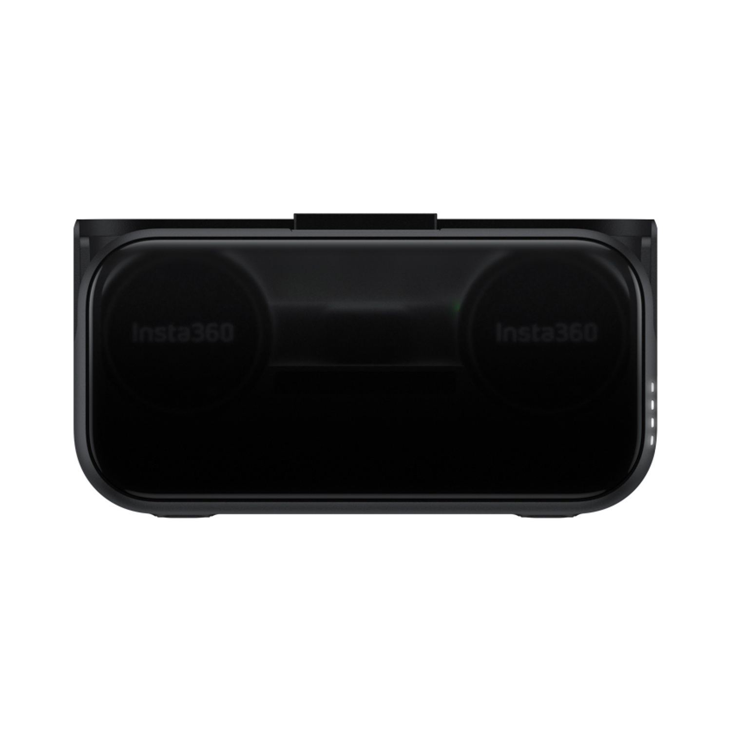 Fotocamera Insta360 nera con due obiettivi e una sottile striscia luminosa al centro.