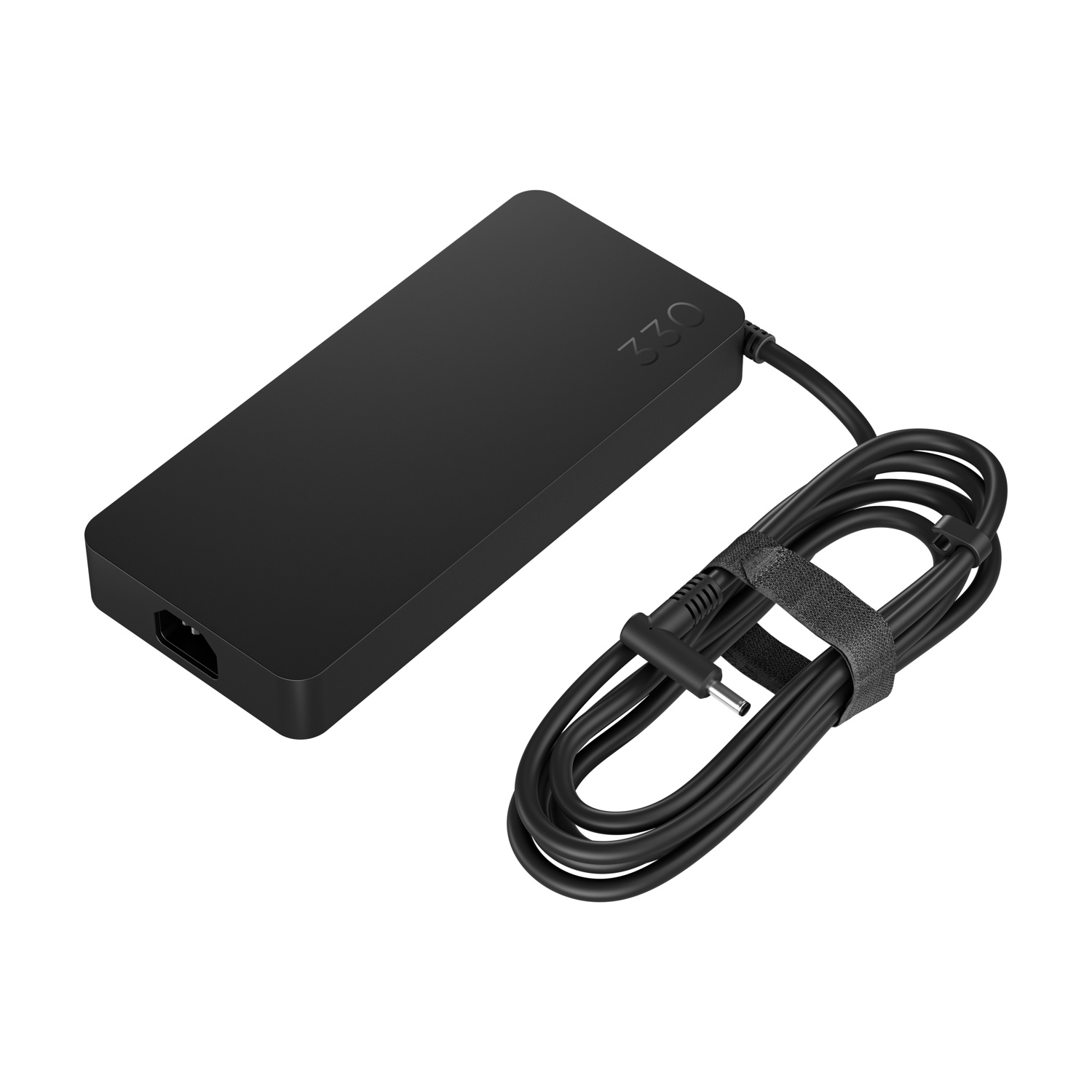 Alimentatore nero per laptop con etichetta 330 e cavo, su sfondo bianco.