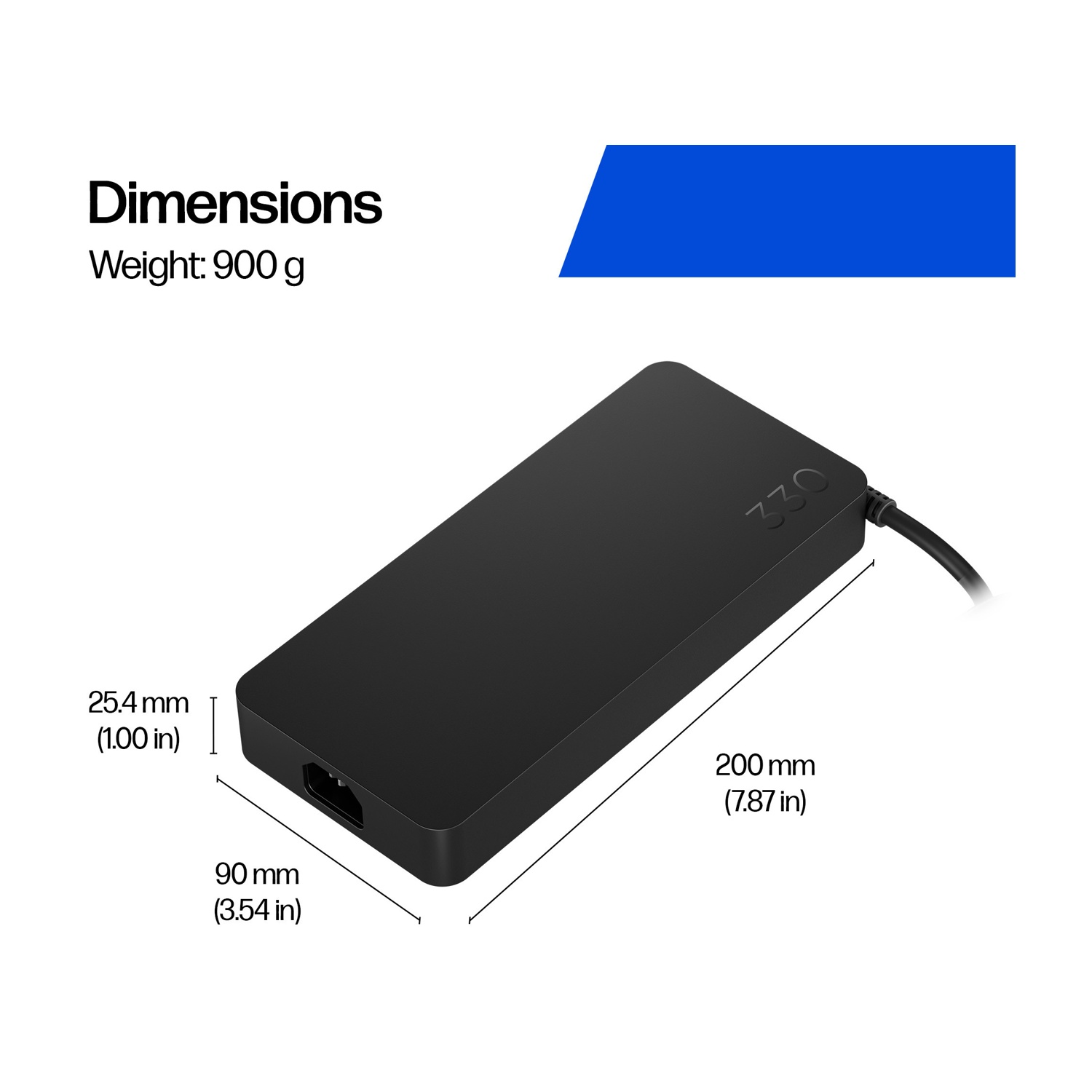 Alimentatore nero, 200x90x25.4mm, 900g, con logo '330'.