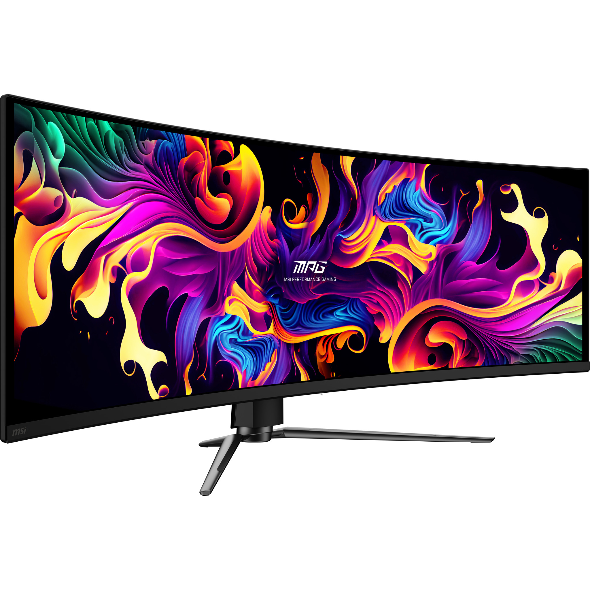 Ein gebogener MSI-Gaming-Monitor mit lebendigem, abstraktem Hintergrund.