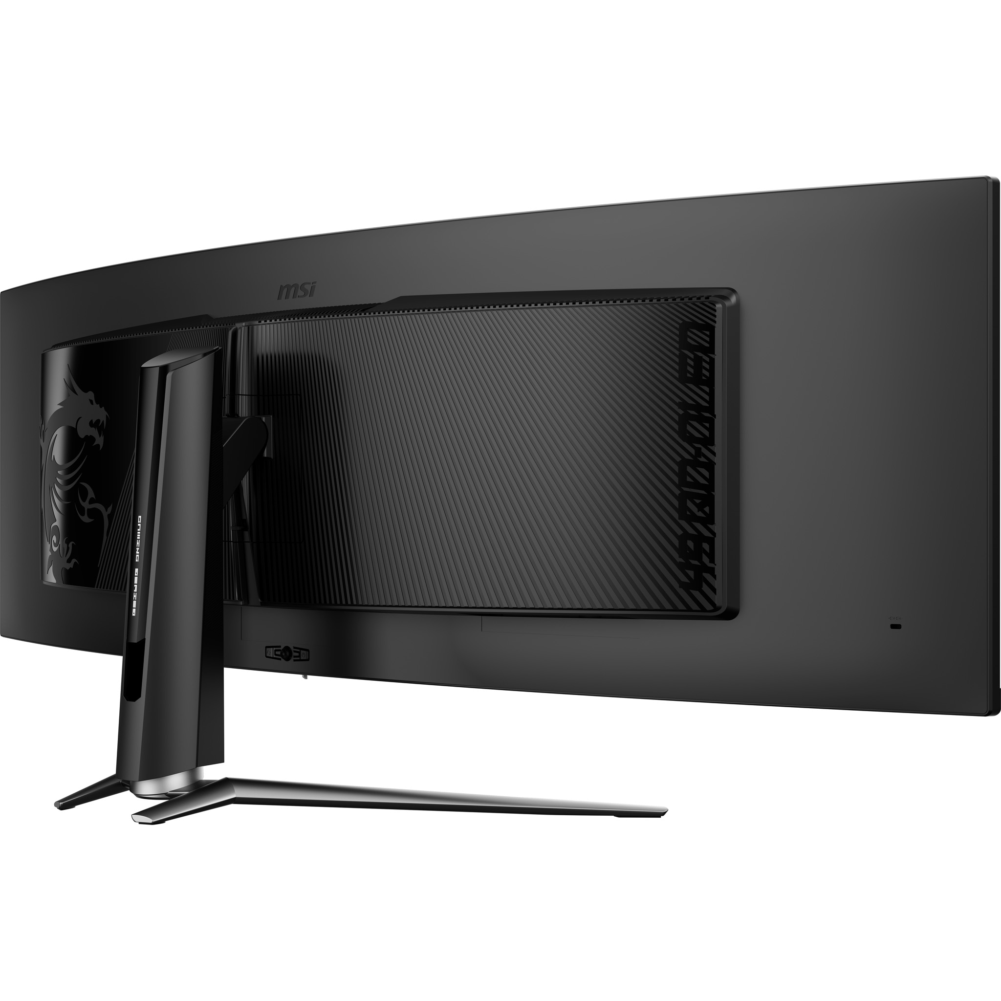 Rückseite eines schwarzen, breiten Gaming-Monitors mit MSI-Logo und Drachenemblem.