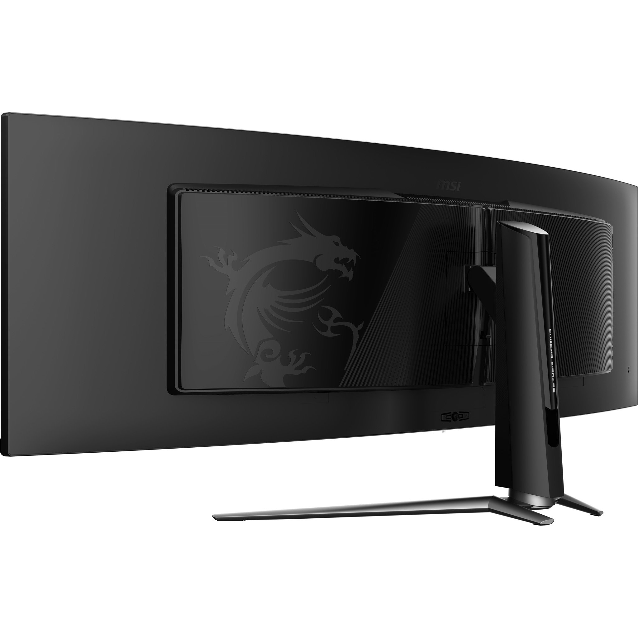 Rückseite eines gebogenen schwarzen MSI Gaming-Monitors mit Drachenlogo und Ständer.