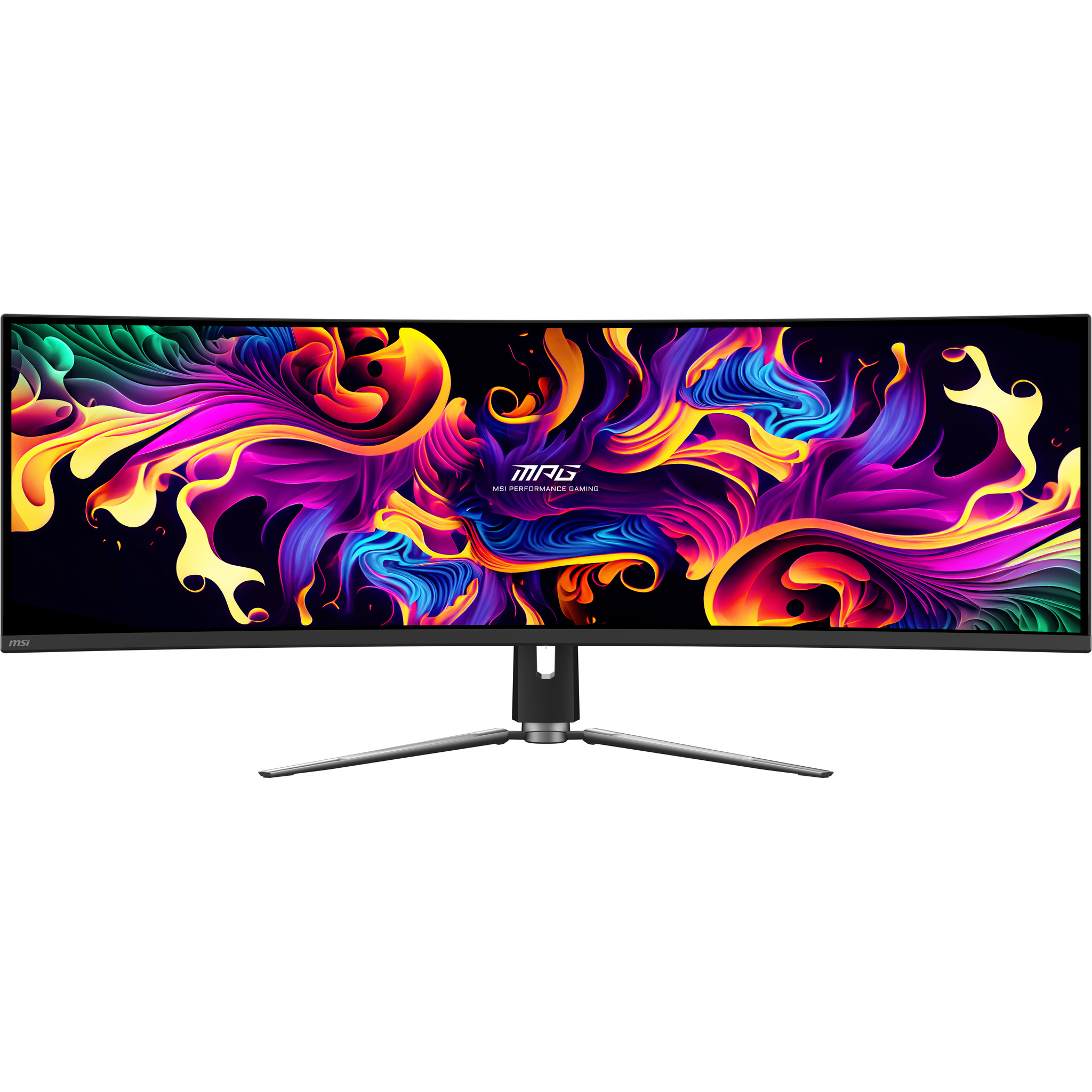Ein geschwungener MSI Monitor mit einem bunten, abstrakten Hintergrund.