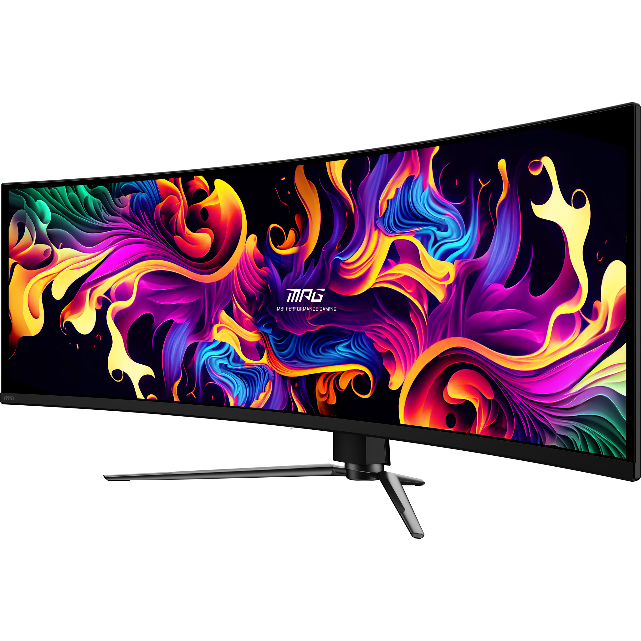 Ein gekrümmter Monitor mit lebendiger, abstrakter Farbkunst auf dem Bildschirm.