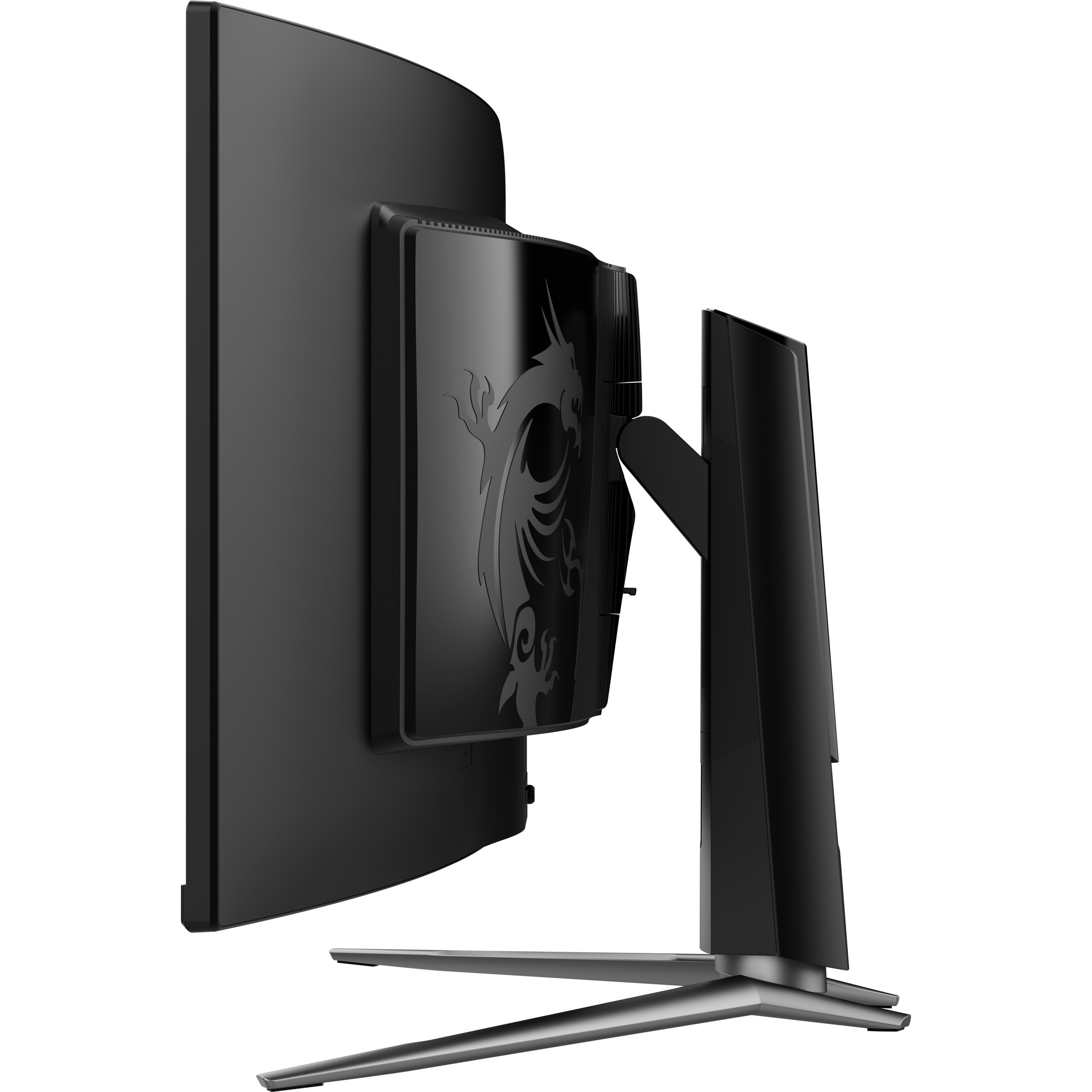 Schwarzer, gekrümmter Monitor mit Drachenlogo auf der Rückseite und silbernem Ständer.