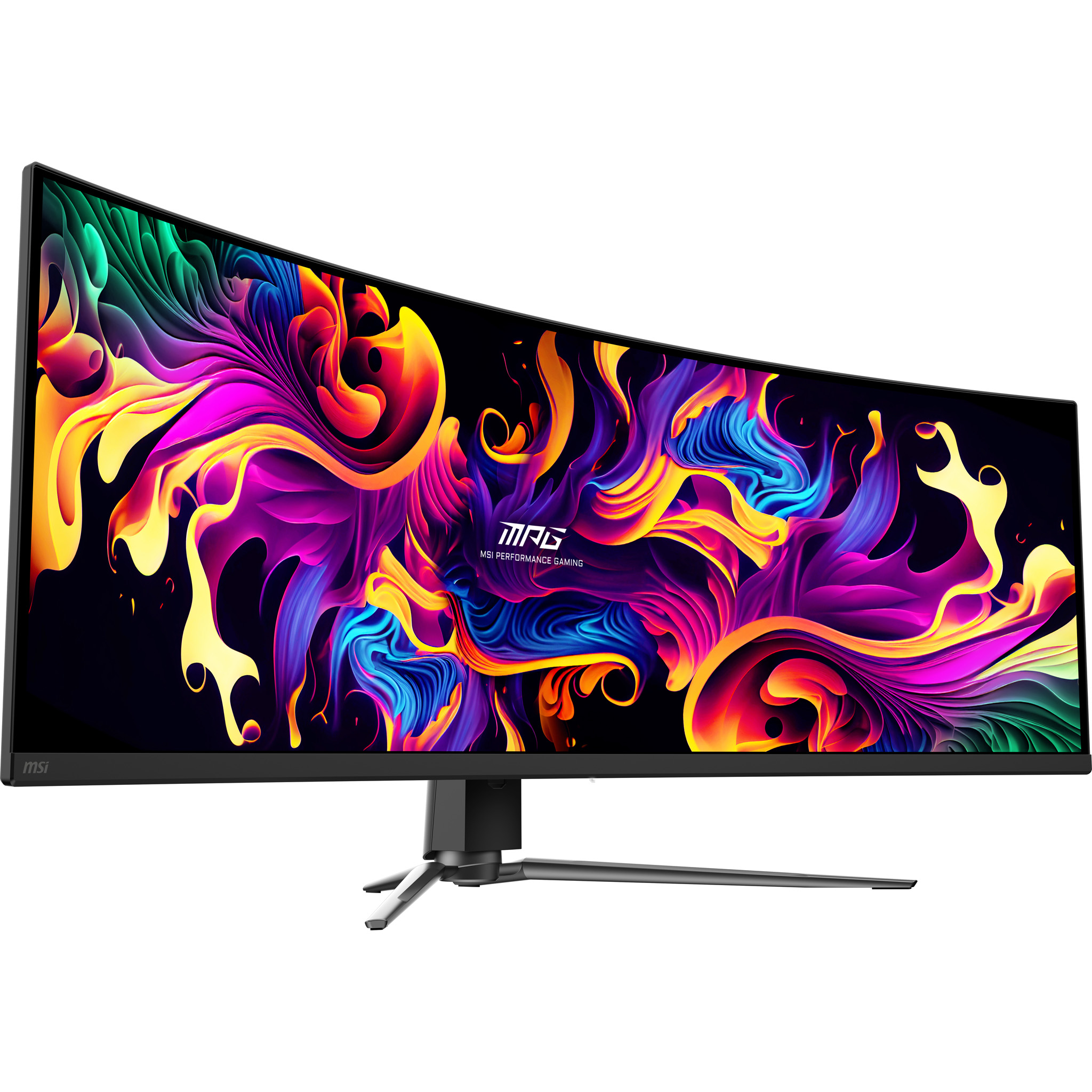 Ein gebogener MSI Gaming-Monitor mit lebendigem, abstraktem Hintergrund.