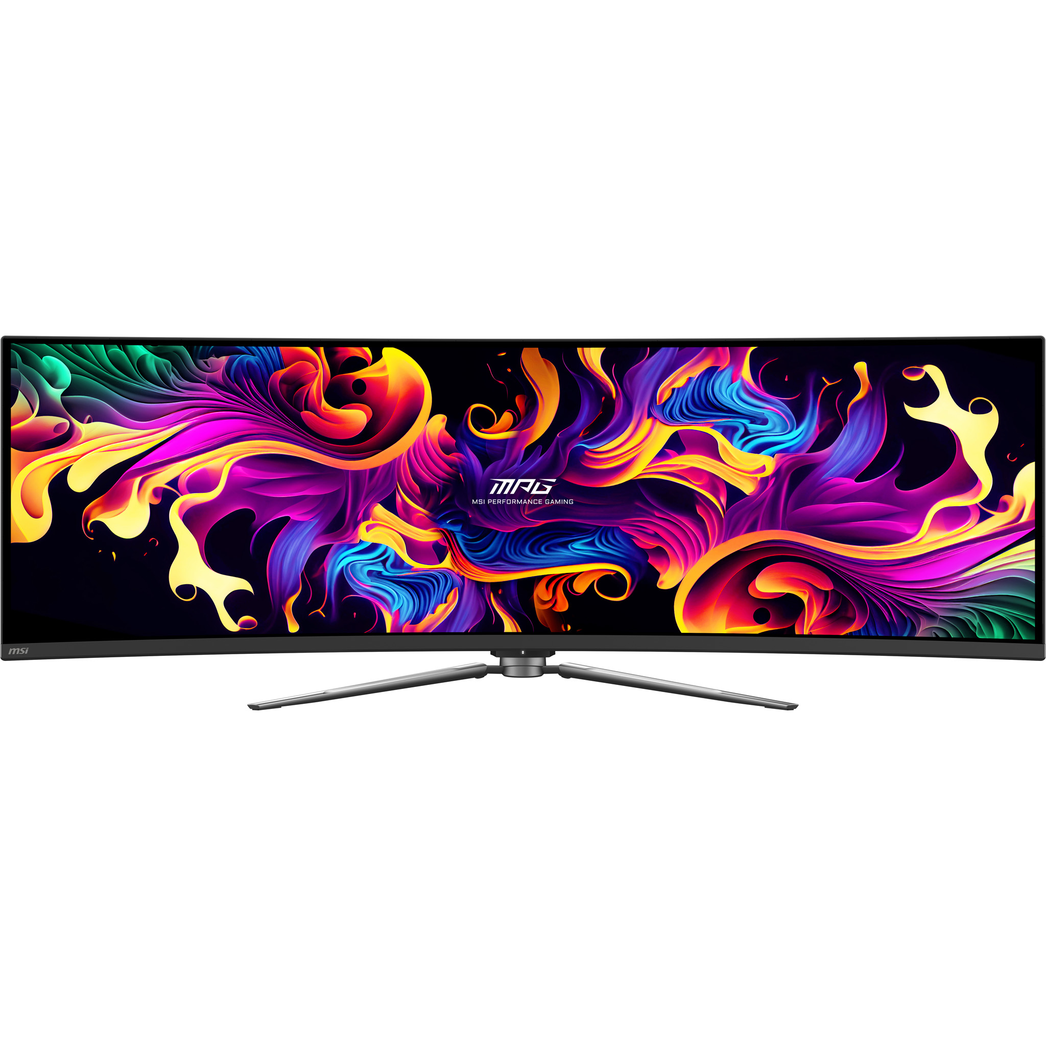 Ein gebogener MSI-Monitor mit lebendigem, abstraktem Hintergrund.