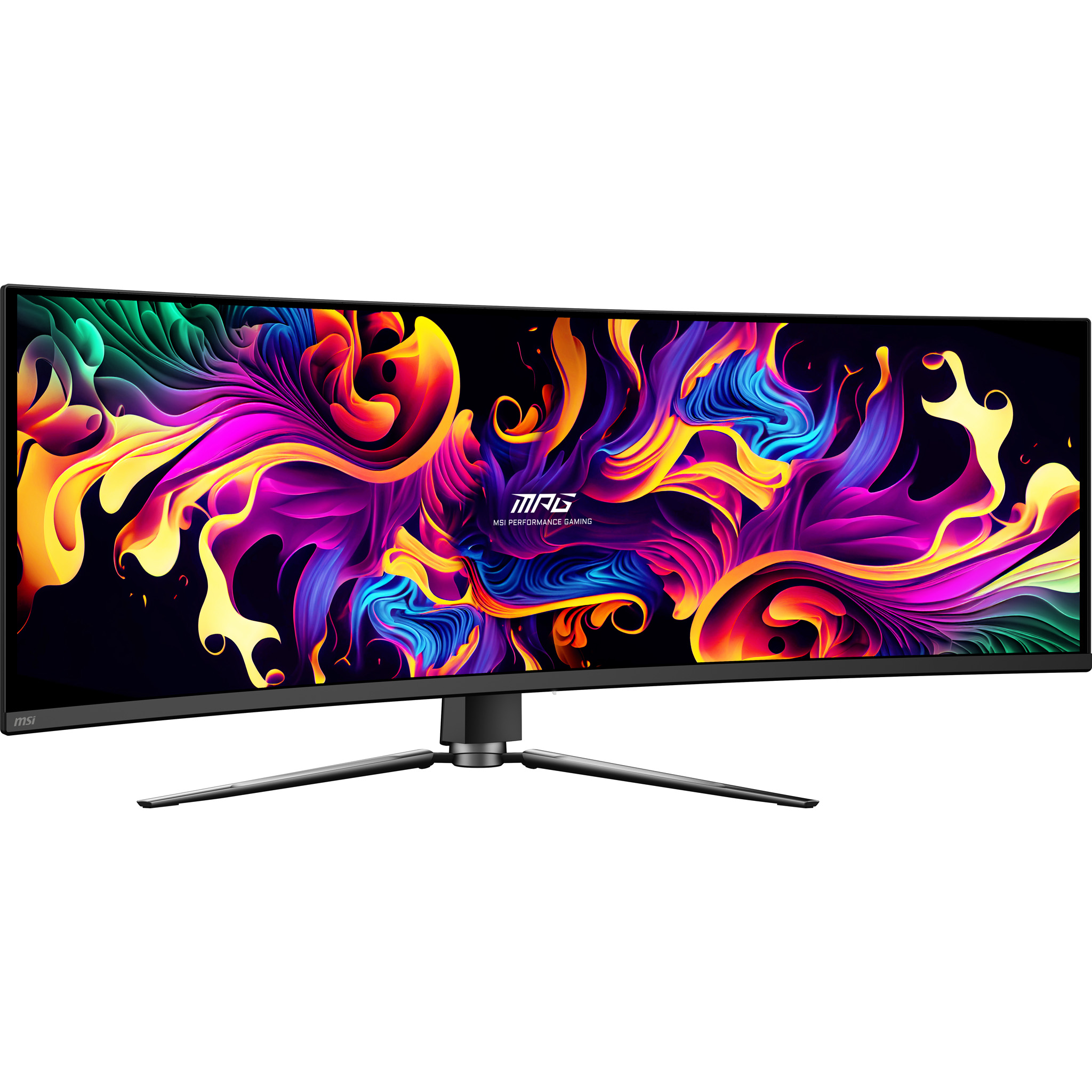 Ein extrem breiter Gaming-Monitor mit einem bunten, abstrakten Hintergrund.