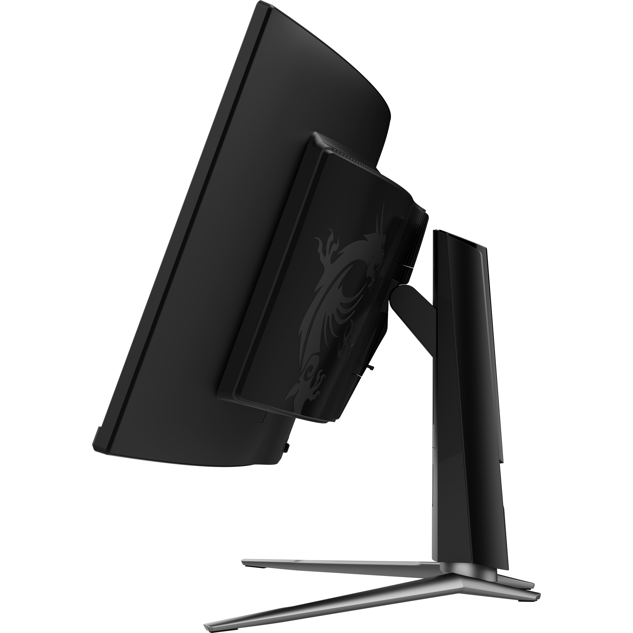 Schwarzer Monitor mit MSI-Drachenlogo auf der Rückseite, auf einem silbernen Ständer.