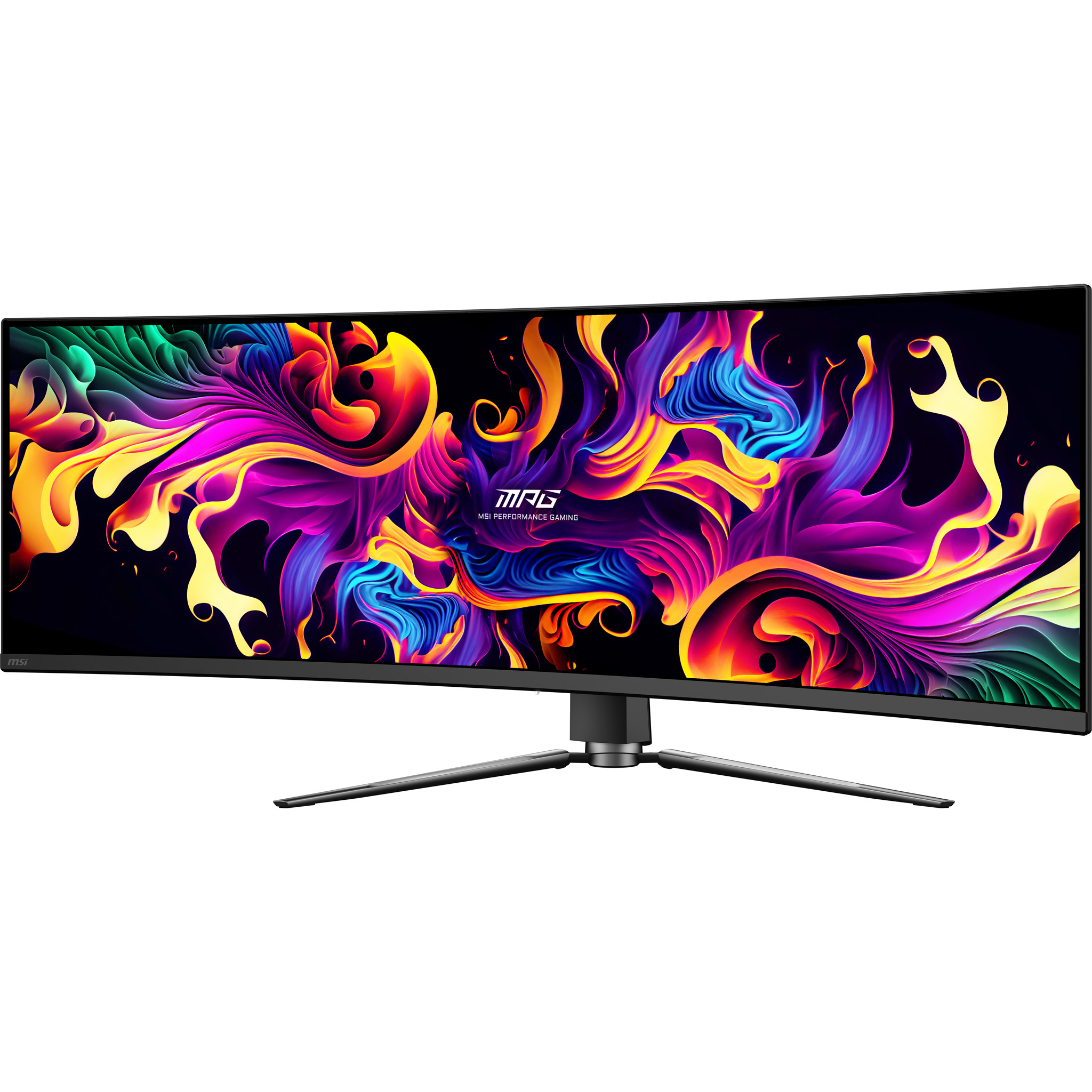 Ein breiter, gekrümmter Gaming-Monitor mit einem lebendigen, abstrakten Hintergrund.