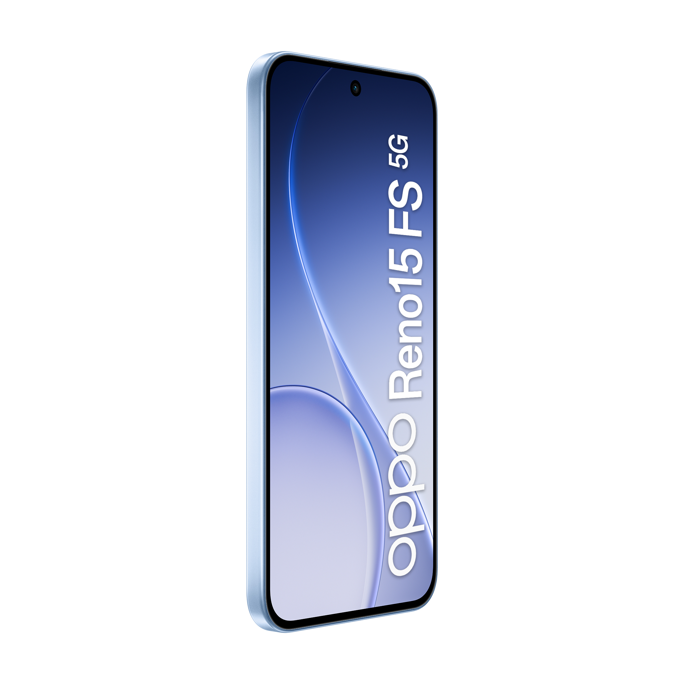 Jasnoniebieski smartfon OPPO Reno15 5G na niebieskim tle.