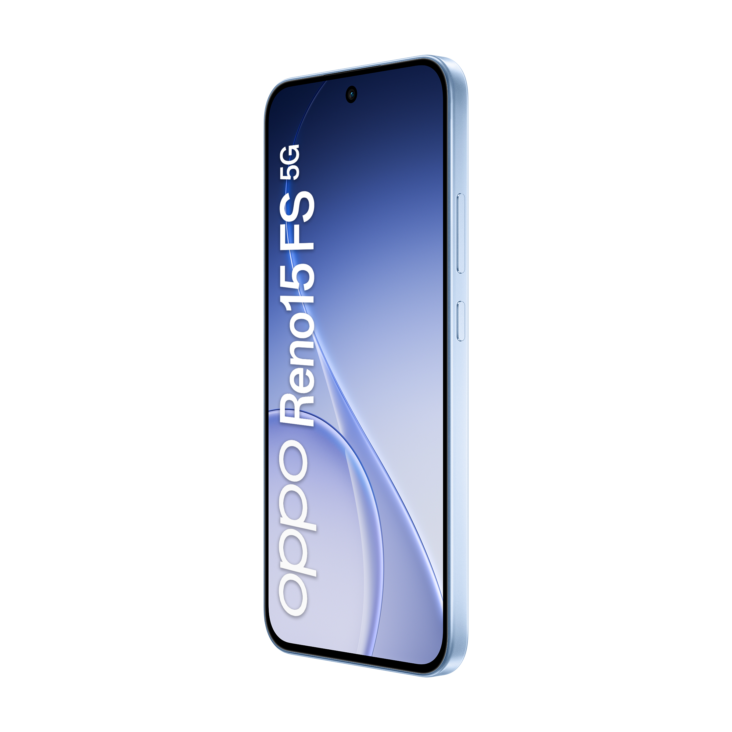 Jasnoniebieski smartfon Oppo Reno15 5G na białym tle.