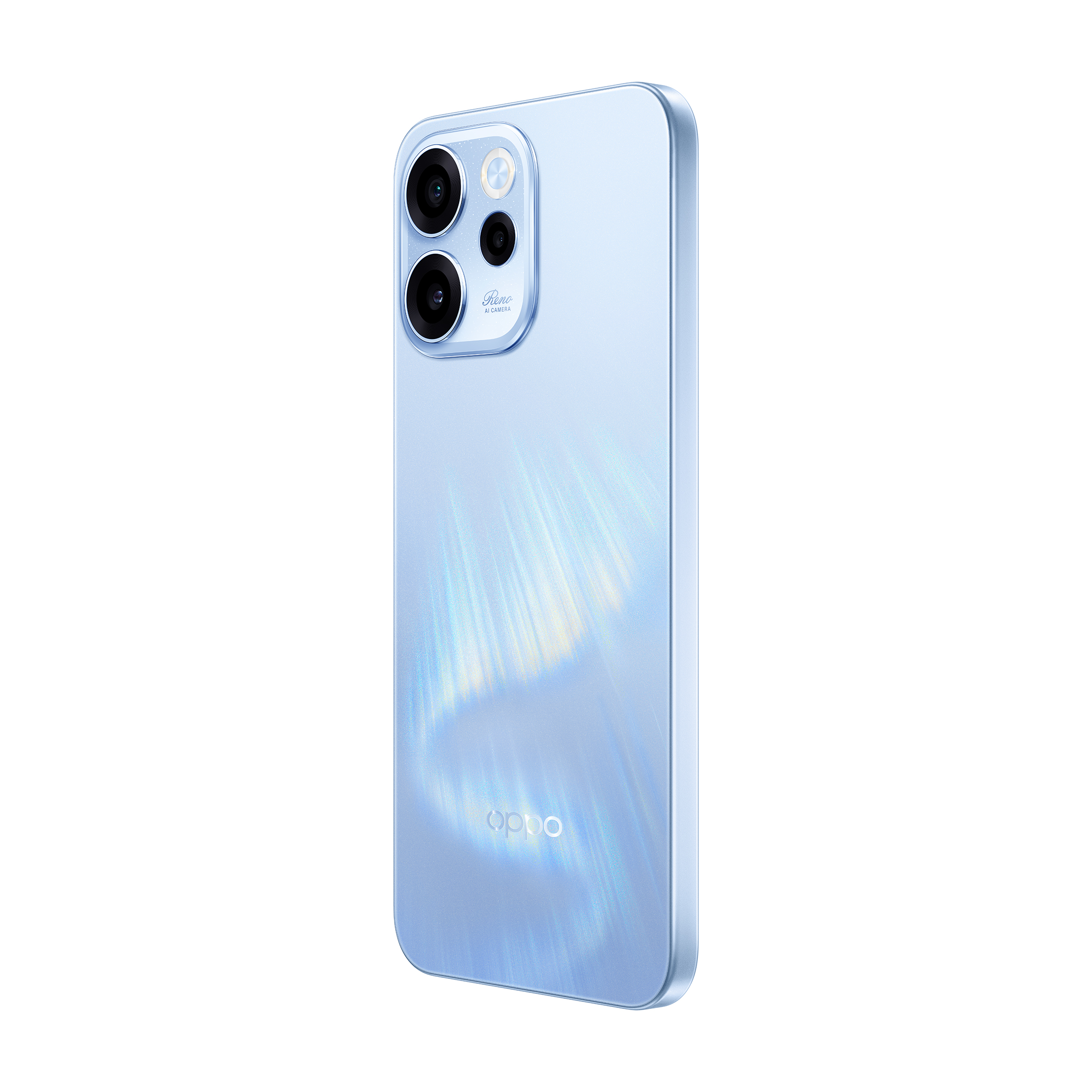 Jasnoniebieski smartfon z modułem aparatu i logo OPPO z tyłu.