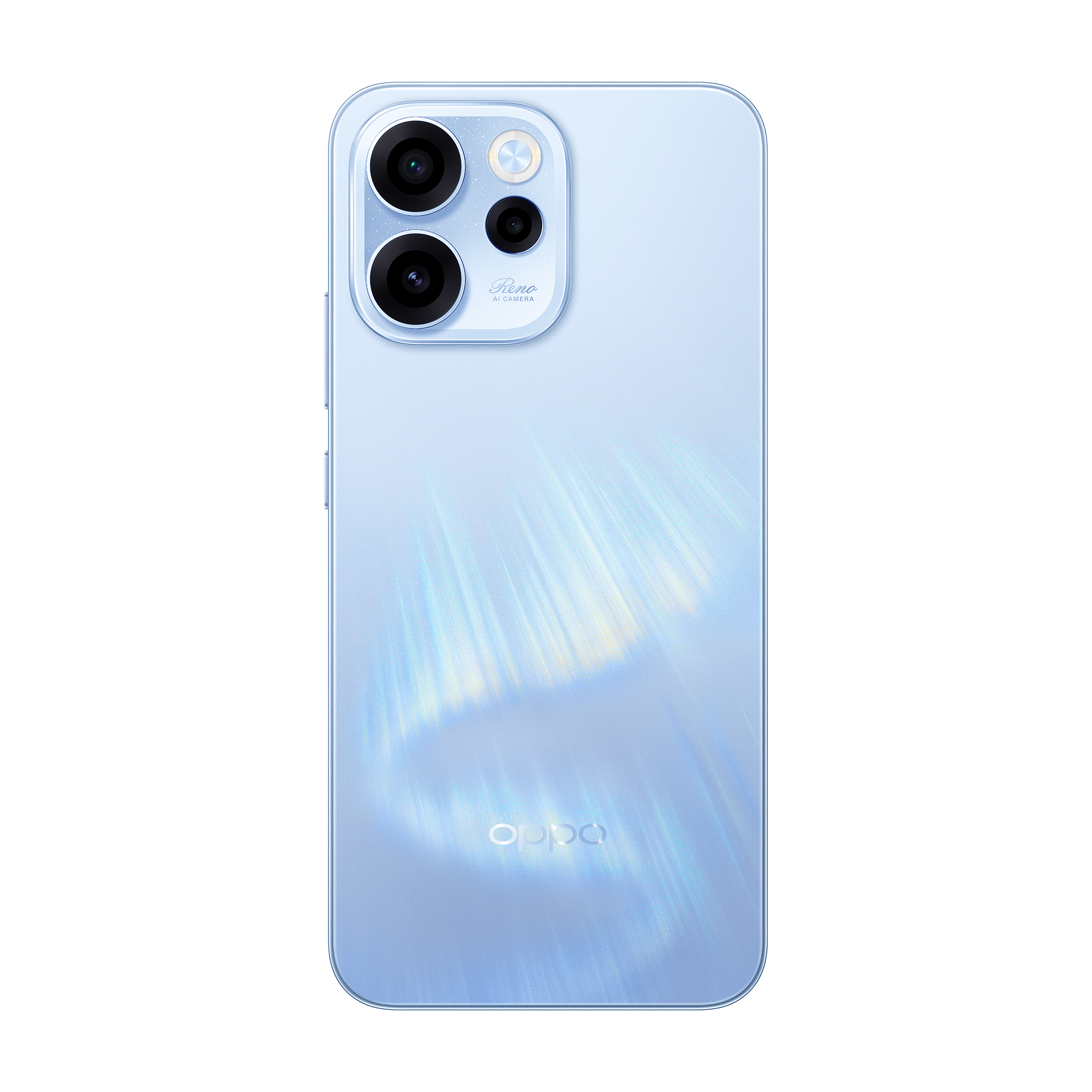 Niebieski smartfon OPPO Reno z potrójnym aparatem i błyszczącym wzorem.