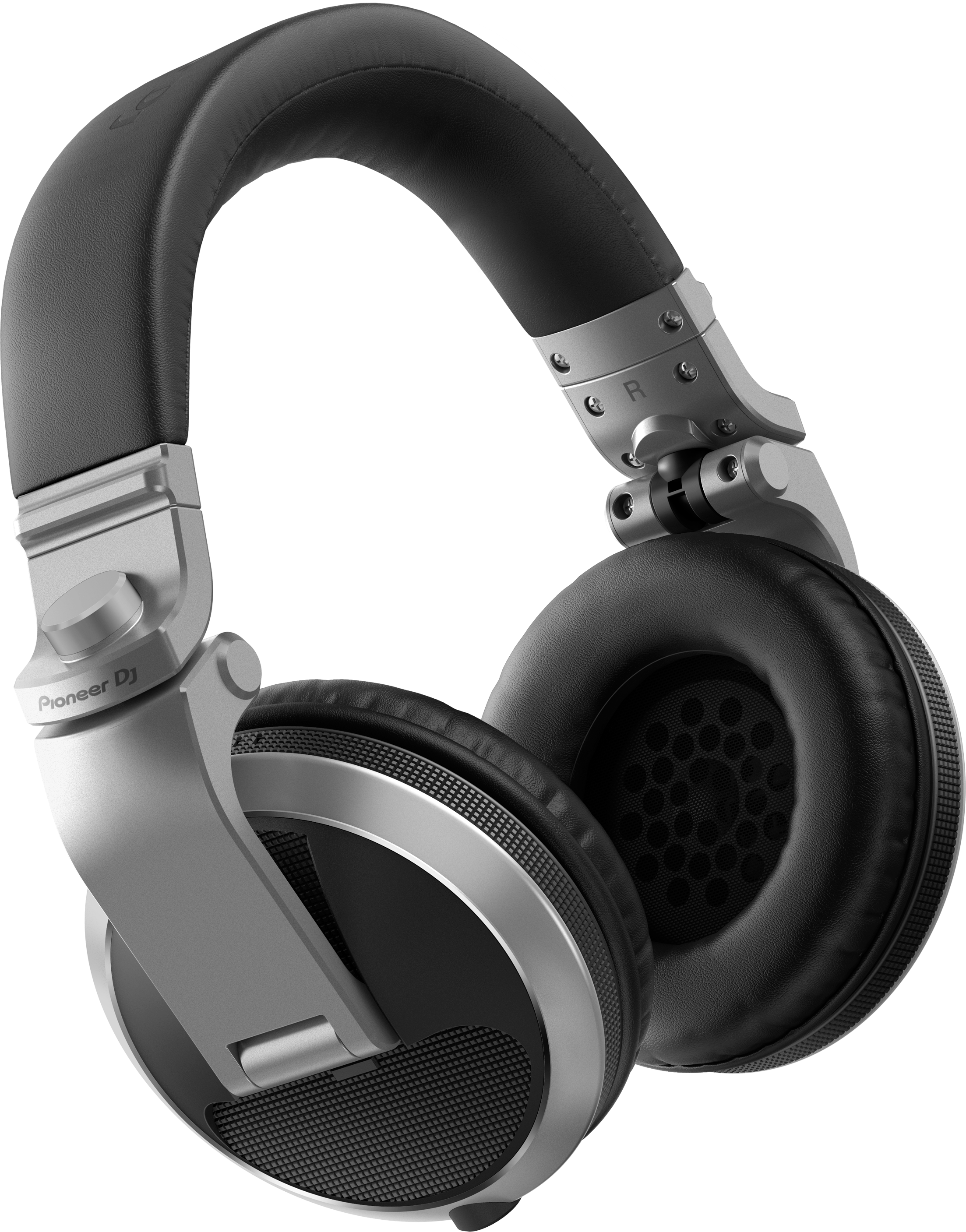 Fekete Pioneer DJ fejhallgató ezüst díszítéssel, fekete háttérrel.