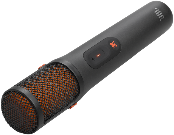 Fekete JBL mikrofon narancssárga ráccsal és kezelőszervekkel.