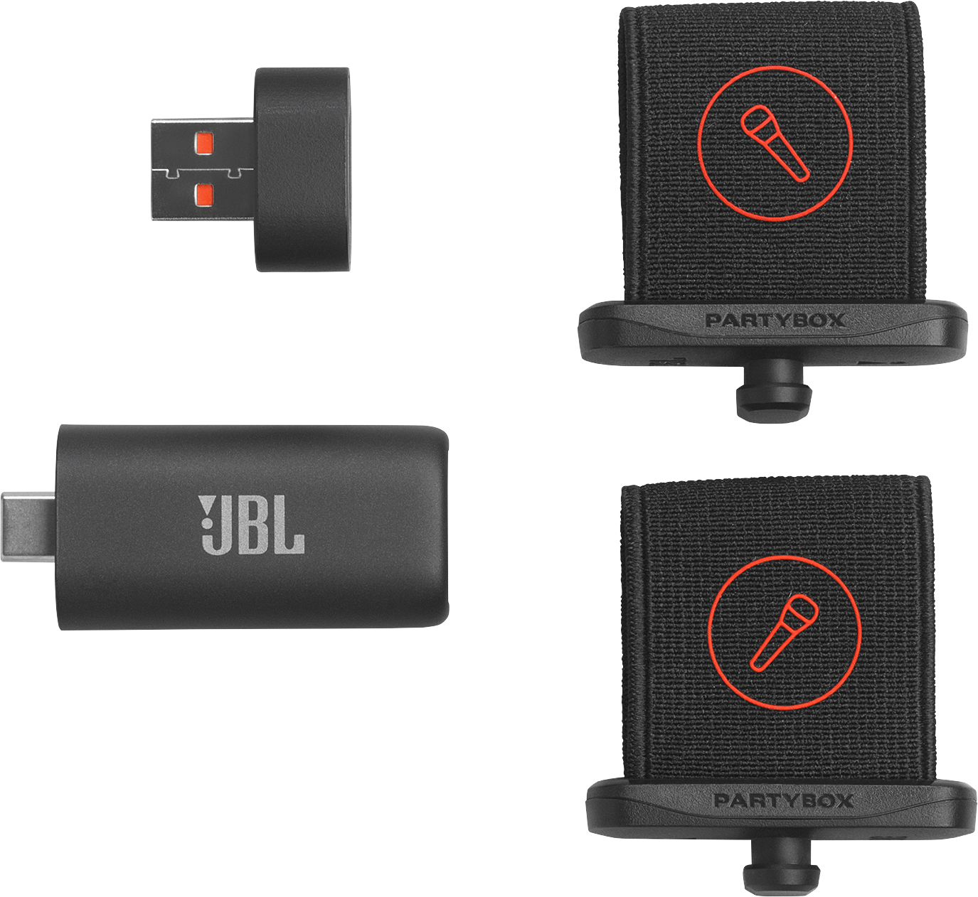 Két JBL USB-C kulcs, egyik USB-A csatlakozóval, és két Partybox mikrofontartó.