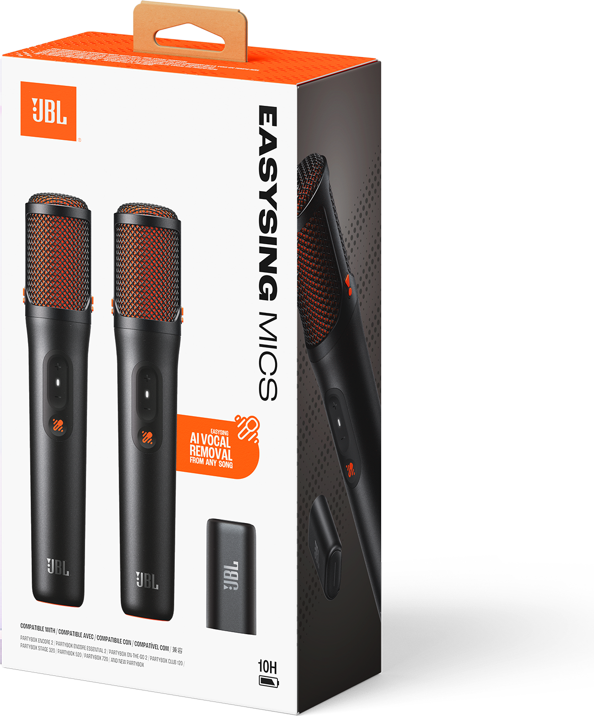 Doboz két fekete, narancssárga ráccsal ellátott JBL mikrofonnal és töltőtokkal.