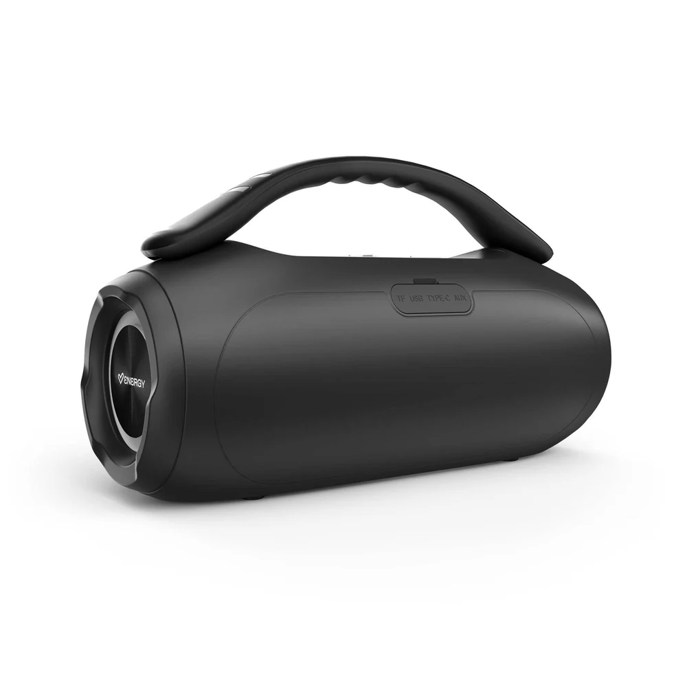 Fekete hordozható Bluetooth hangszóró fogantyúval és ezüst grillrács.