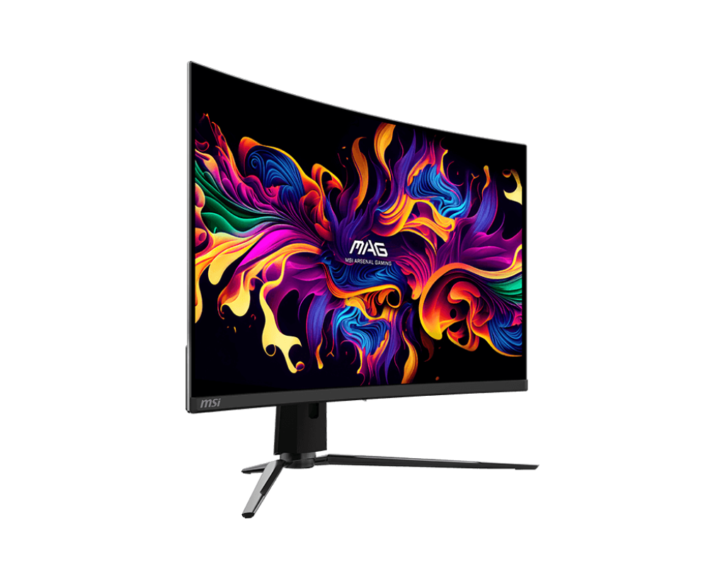 Ein MSI Gaming-Monitor mit einem bunten, abstrakten Hintergrundbild.