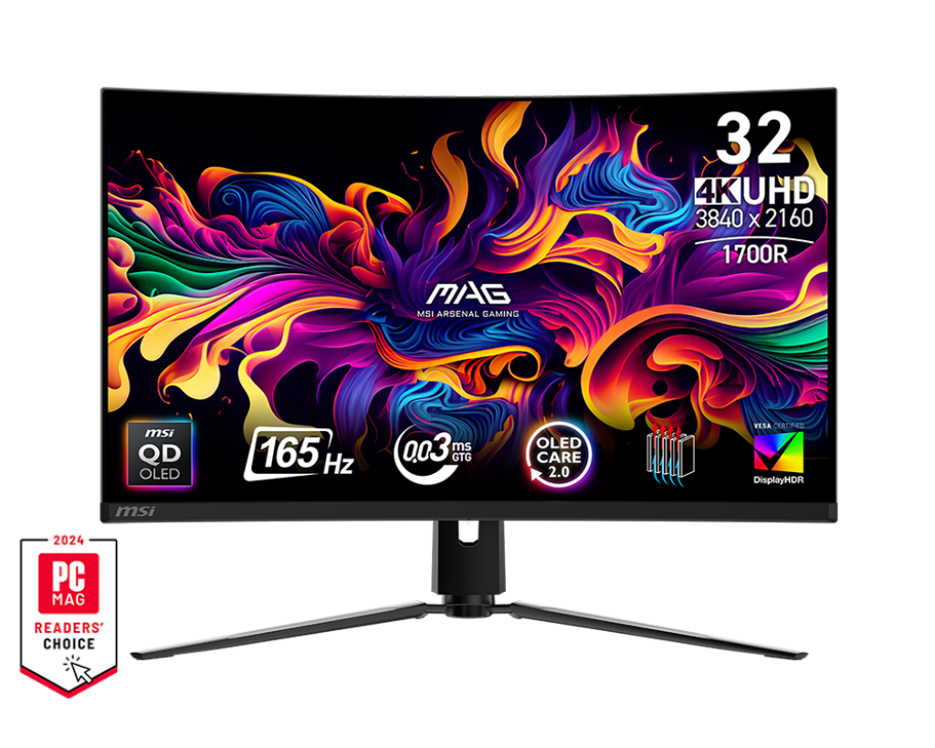 MSI 32-Zoll 4K QD OLED Monitor mit lebendiger abstrakter Kunst und Gaming-Specs.