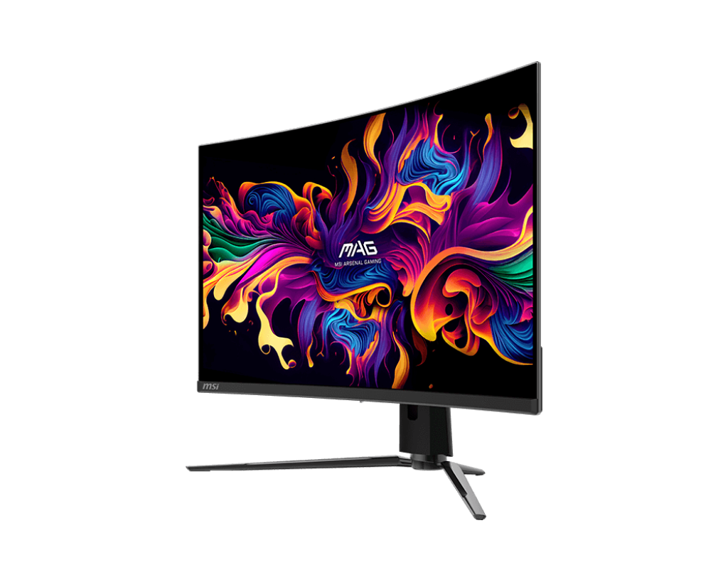 Ein gebogener MSI Gaming-Monitor mit farbenfrohem, abstraktem Hintergrundbild.
