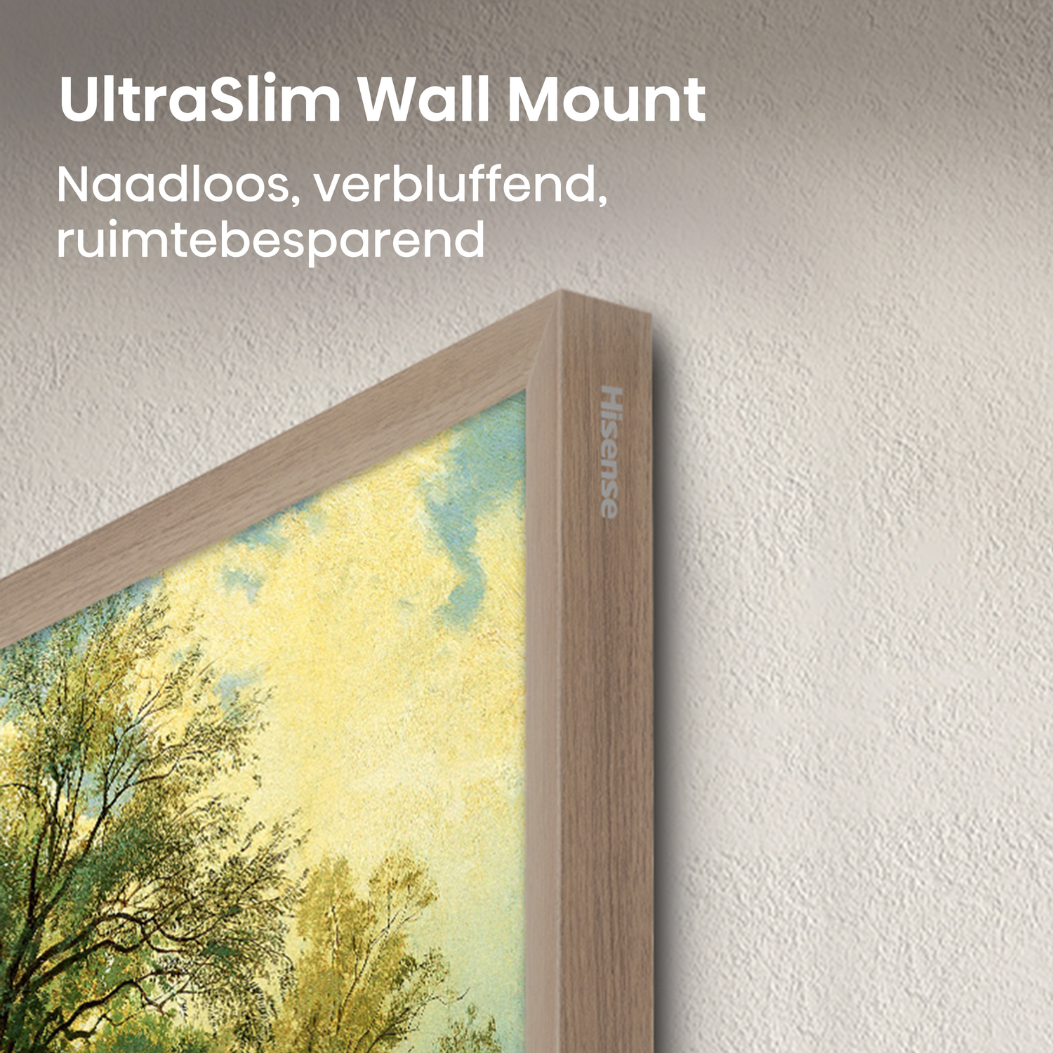 UltraSlim wall mount with wooden frame and landscape painting.