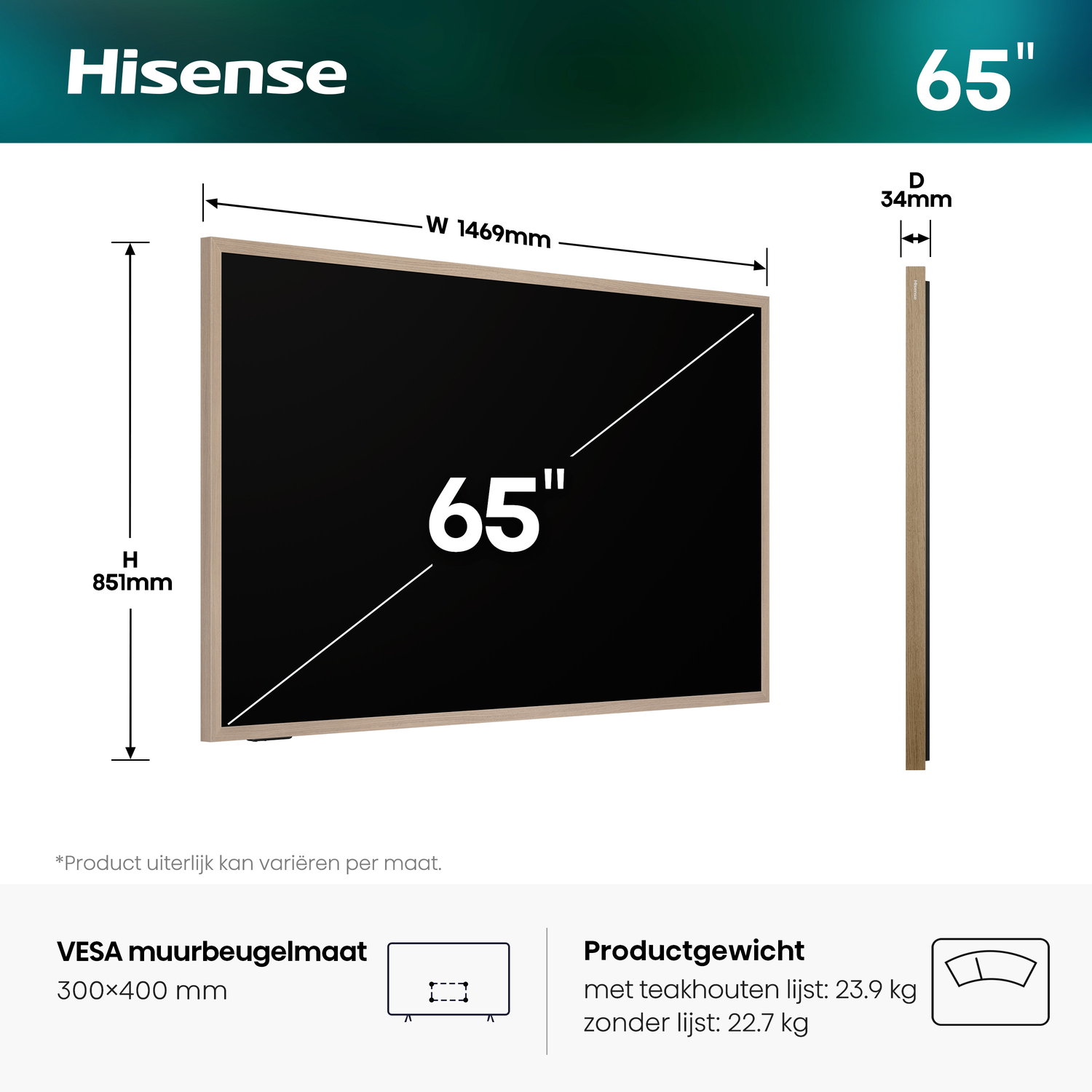 Hisense 65-inch TV: W 1469mm, H 851mm, D 34mm. VESA 300x400mm. Weight 23.9kg/22.7kg.