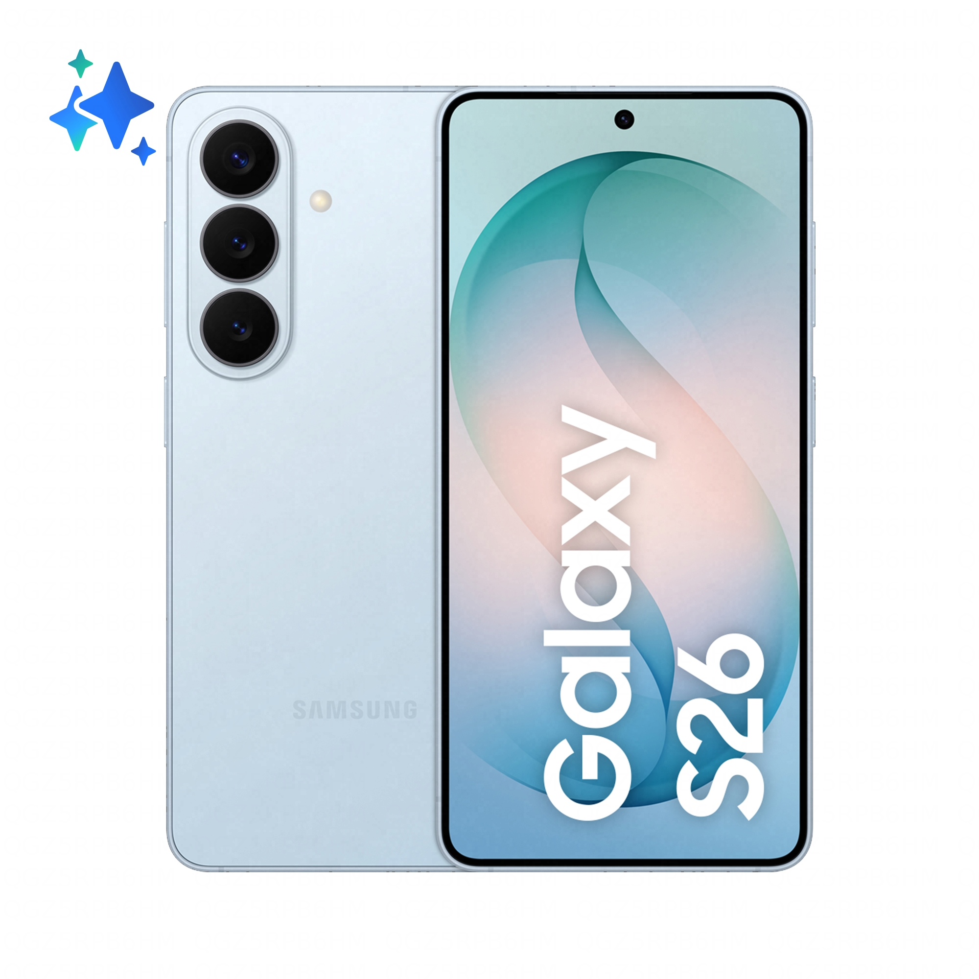 Jasnoniebieski smartfon Samsung Galaxy S26 z trzema tylnymi aparatami. Błyszczące gwiazdy.